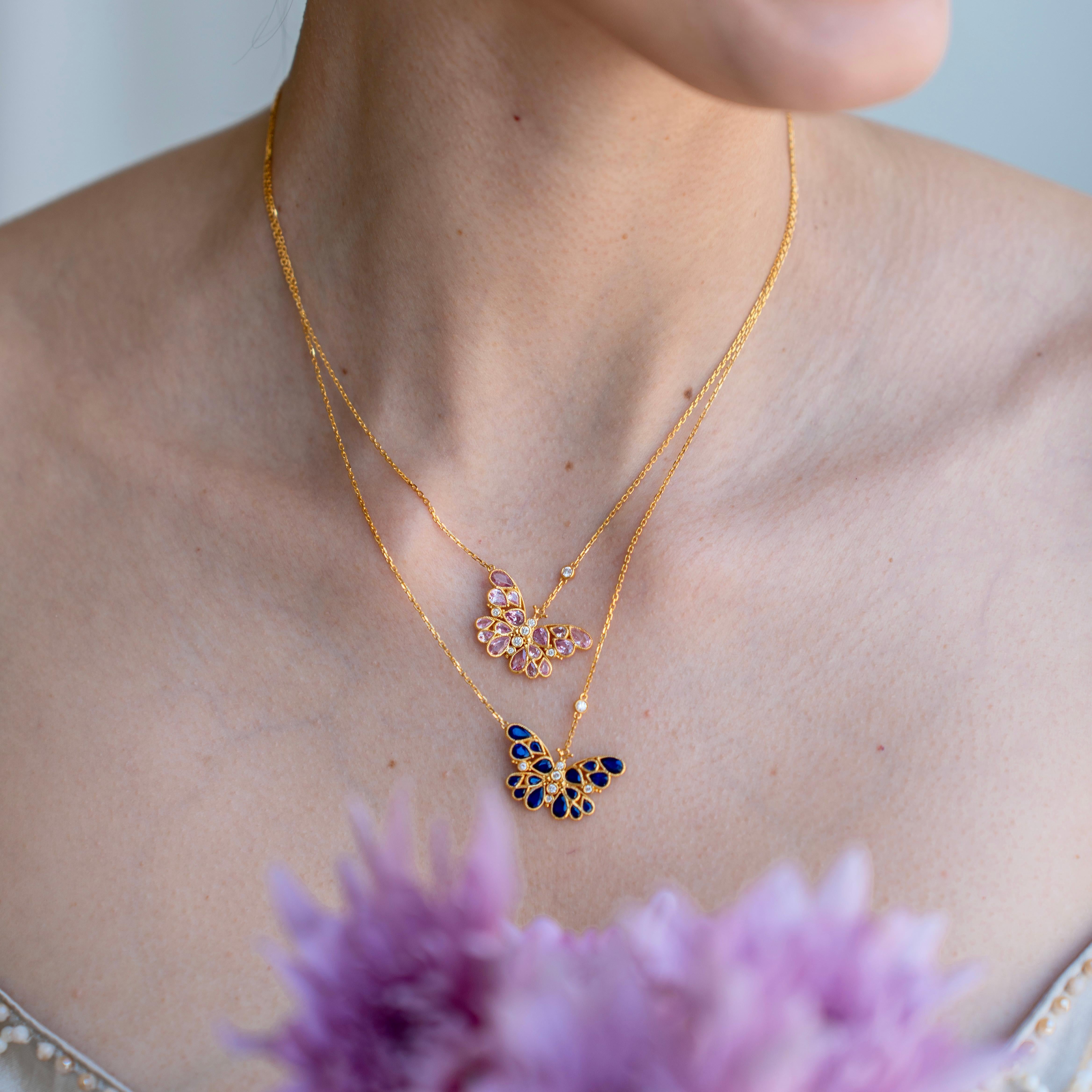Nina Zhou Pink Sapphire Diamond Butterfly Pendant Necklace For Sale 4