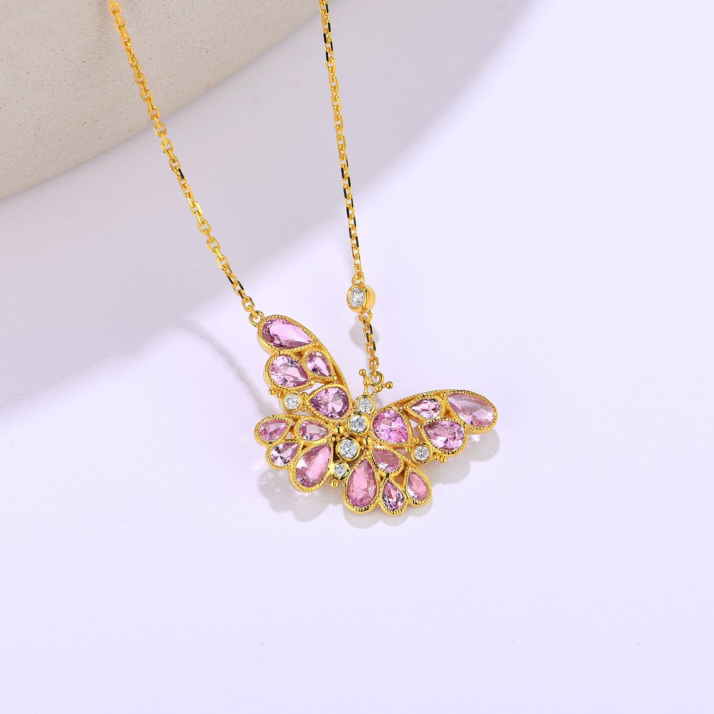 Nina Zhou Pink Sapphire Diamond Butterfly Pendant Necklace For Sale 1