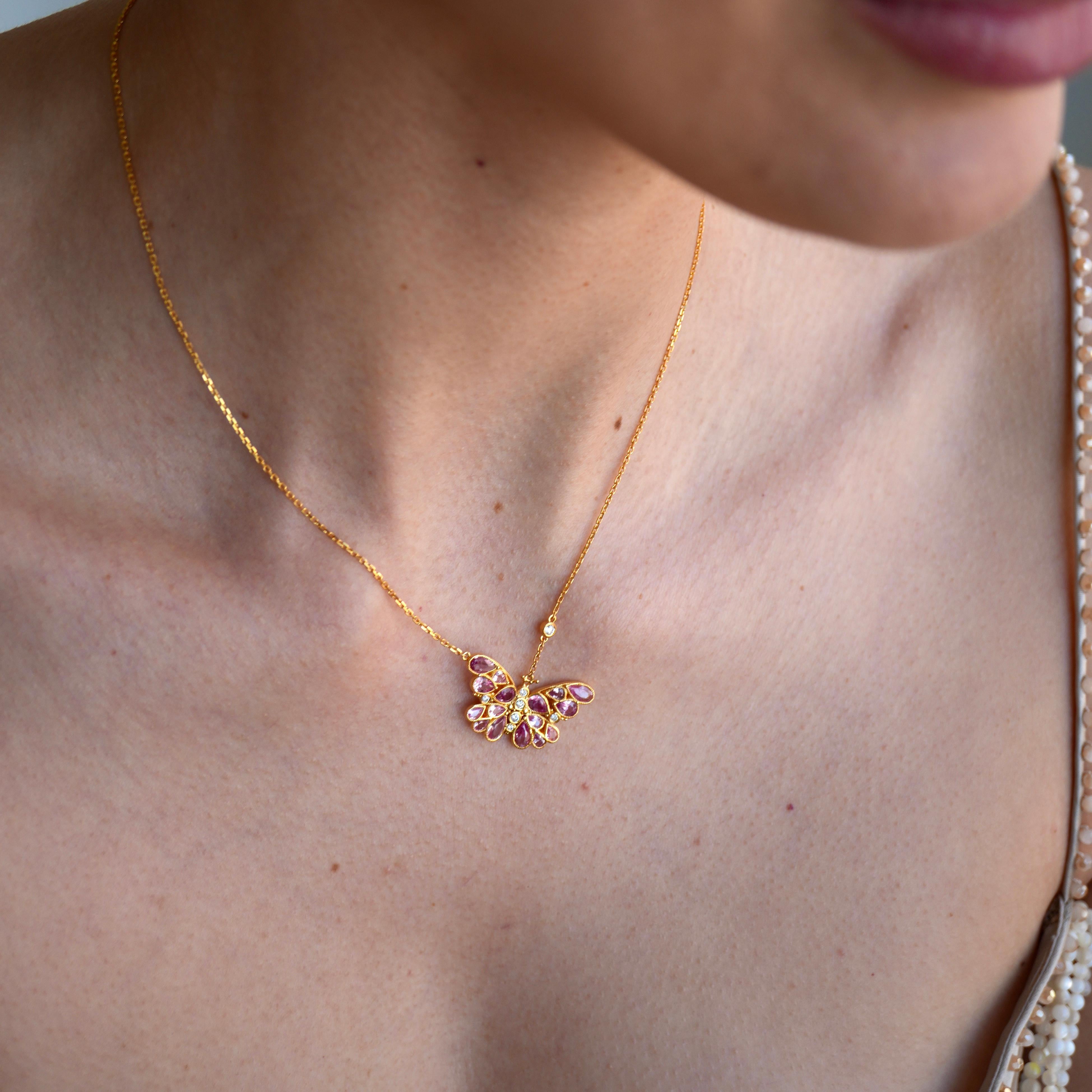 Modern Nina Zhou Pink Sapphire Diamond Butterfly Pendant Necklace For Sale