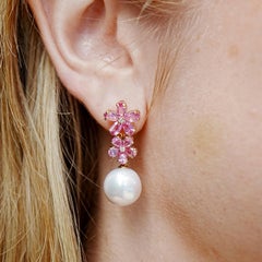 Nina Zhou Pink Sapphire Diamond Double Blossom Pearl Cabrio-Ohrringe