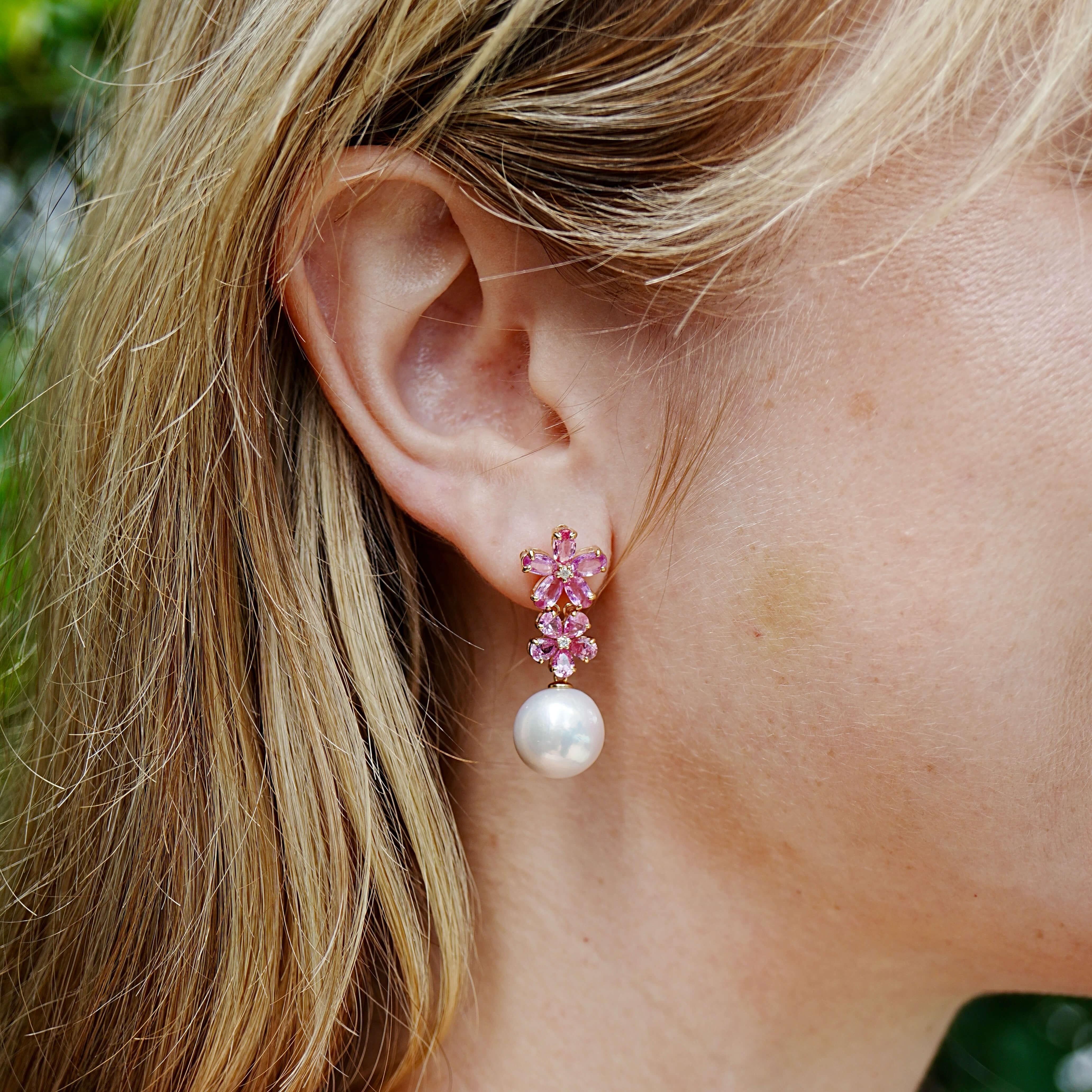 Nina Zhou Pink Sapphire Diamond Orecchini a goccia convertibili con perle a doppio fiore In condizioni Nuovo in vendita a Rowland Heights, CA