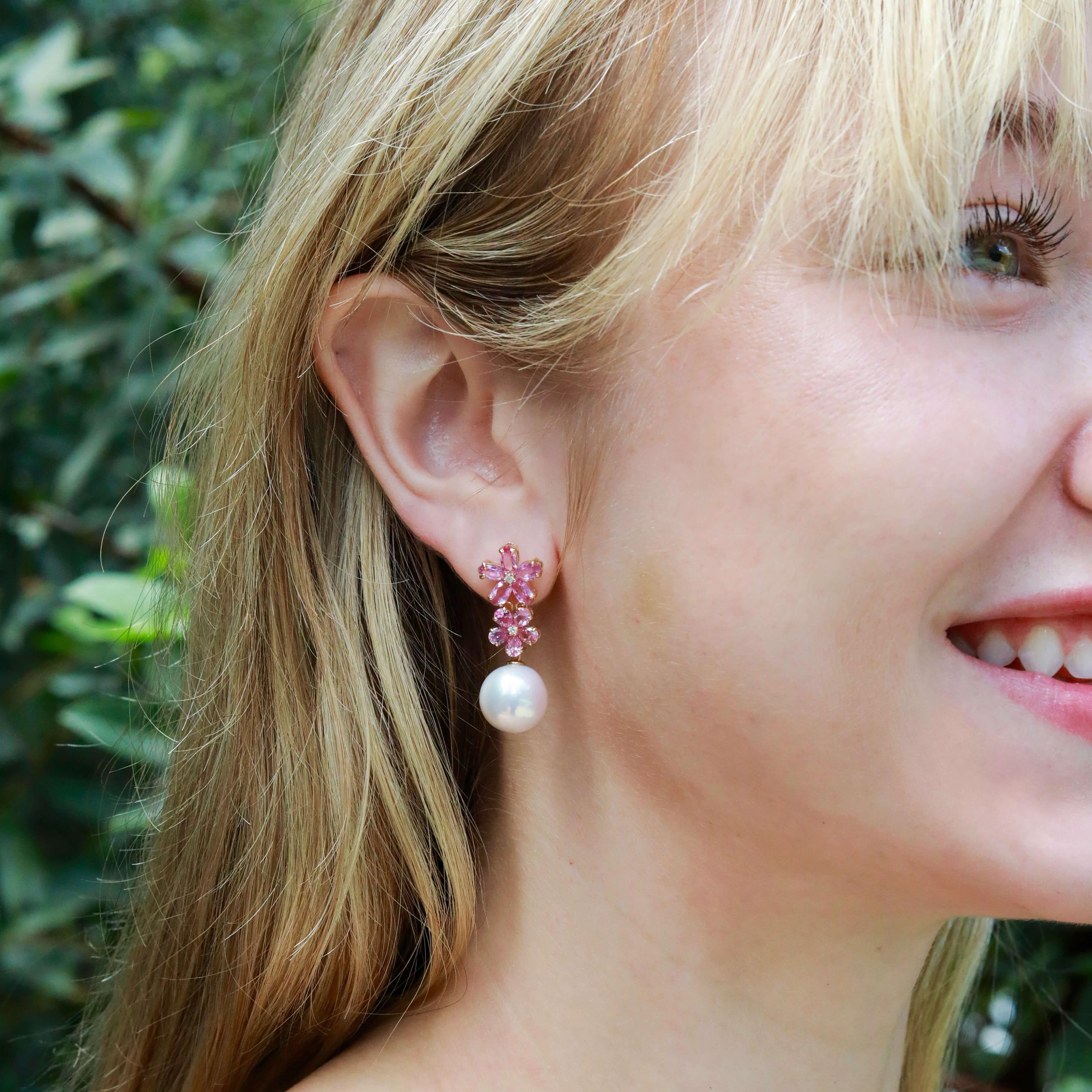 Donna Nina Zhou Pink Sapphire Diamond Orecchini a goccia convertibili con perle a doppio fiore in vendita