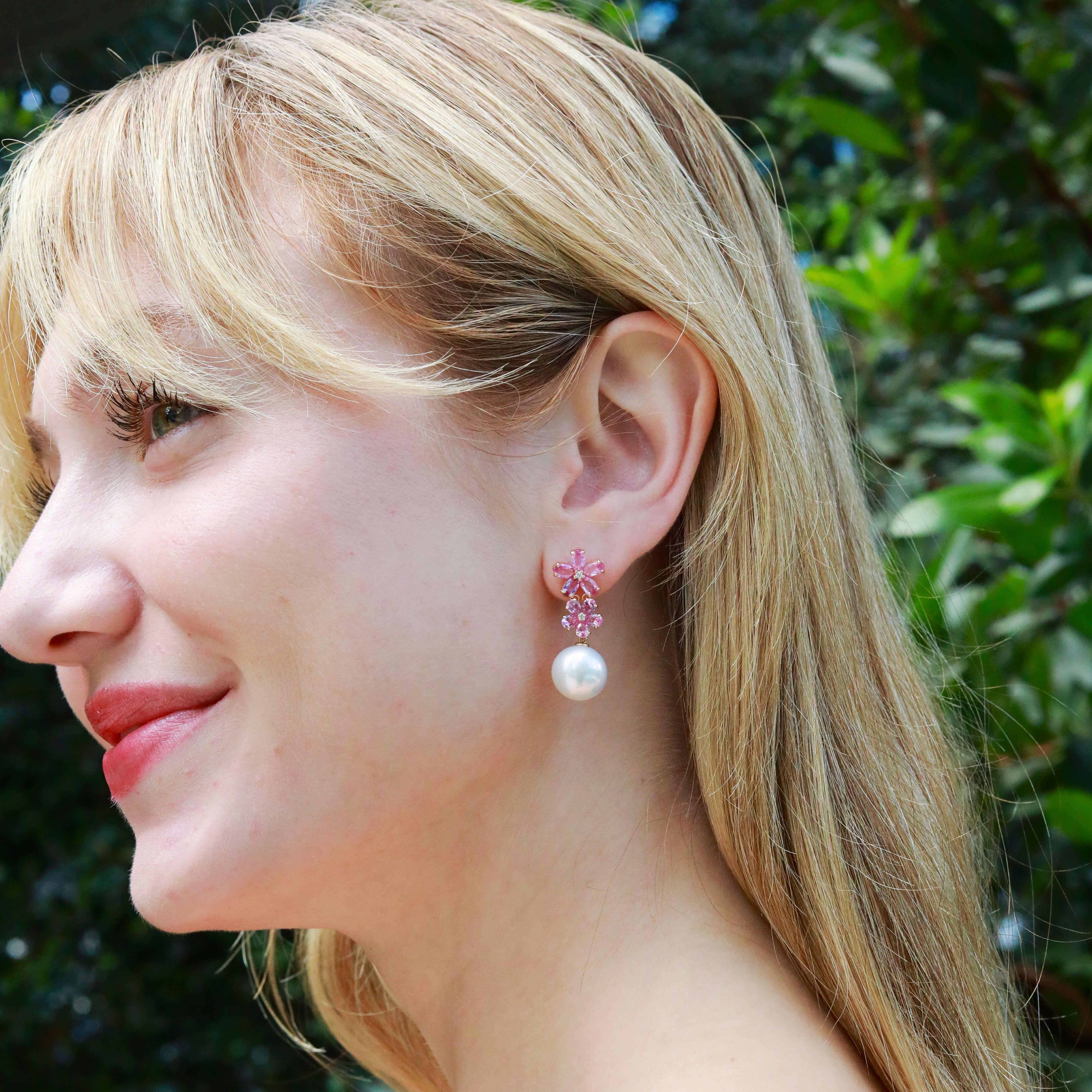 Nina Zhou Pink Sapphire Diamond Orecchini a goccia convertibili con perle a doppio fiore in vendita 1