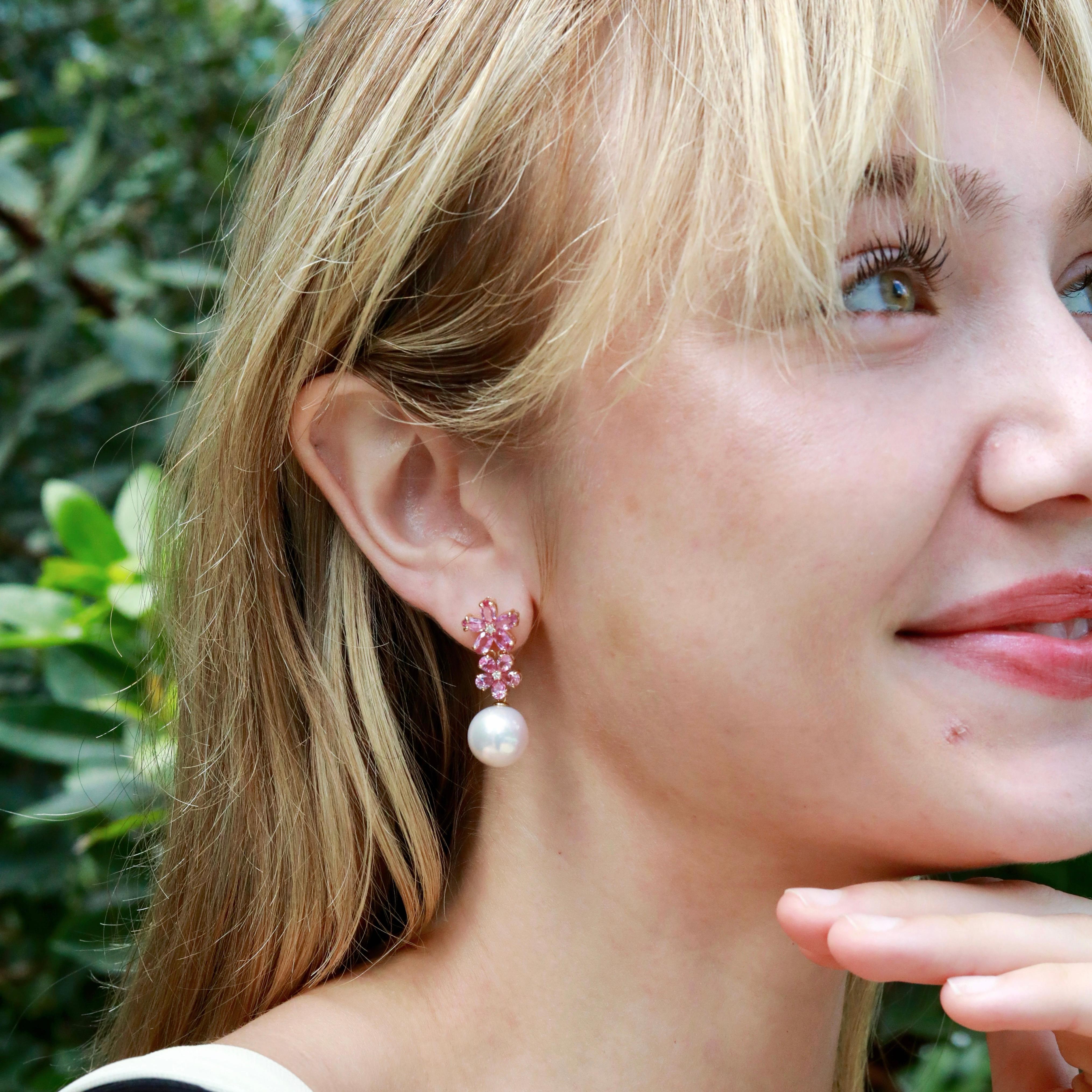 Nina Zhou Pink Sapphire Diamond Orecchini a goccia convertibili con perle a doppio fiore in vendita 2