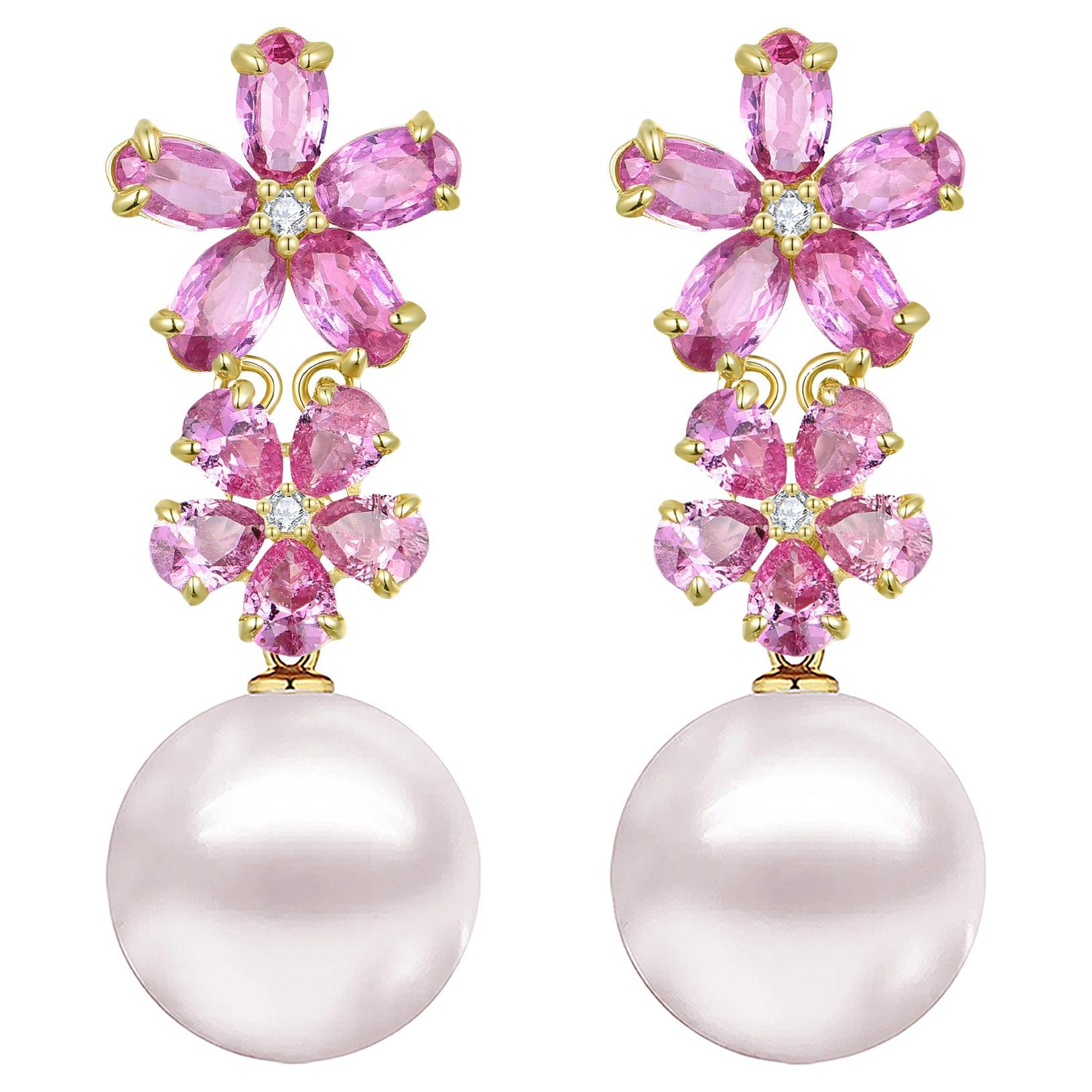 Nina Zhou - Pendants d'oreilles convertibles en saphir rose, diamant et perle à double fleur