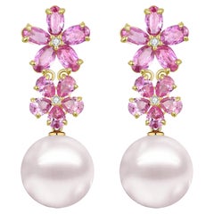 Nina Zhou - Pendants d'oreilles convertibles en saphir rose, diamant et perle à double fleur