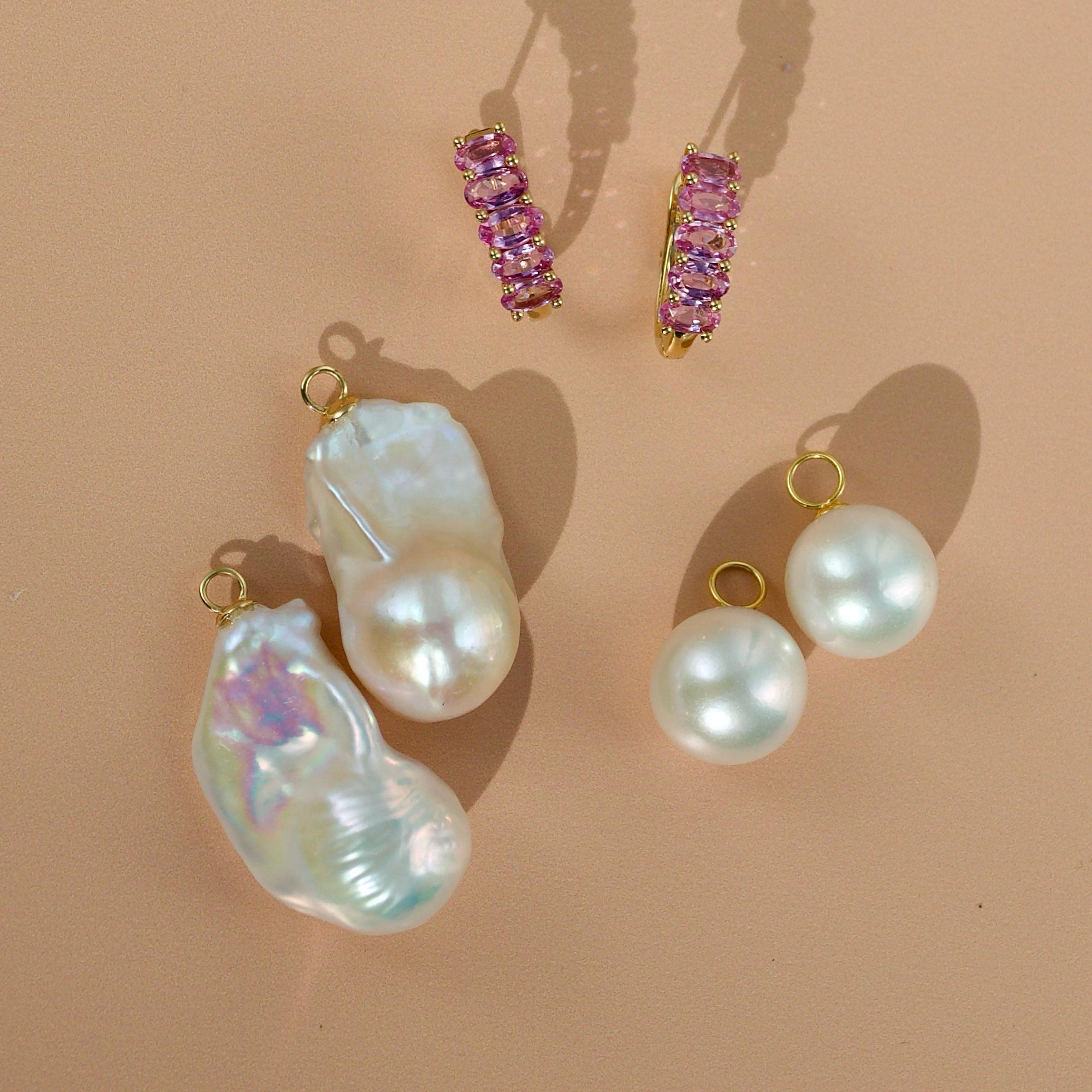 Oval Cut Nina Zhou Pink Sapphire Huggie Earrings with 12-13mm Pearl Enhancers For Sale