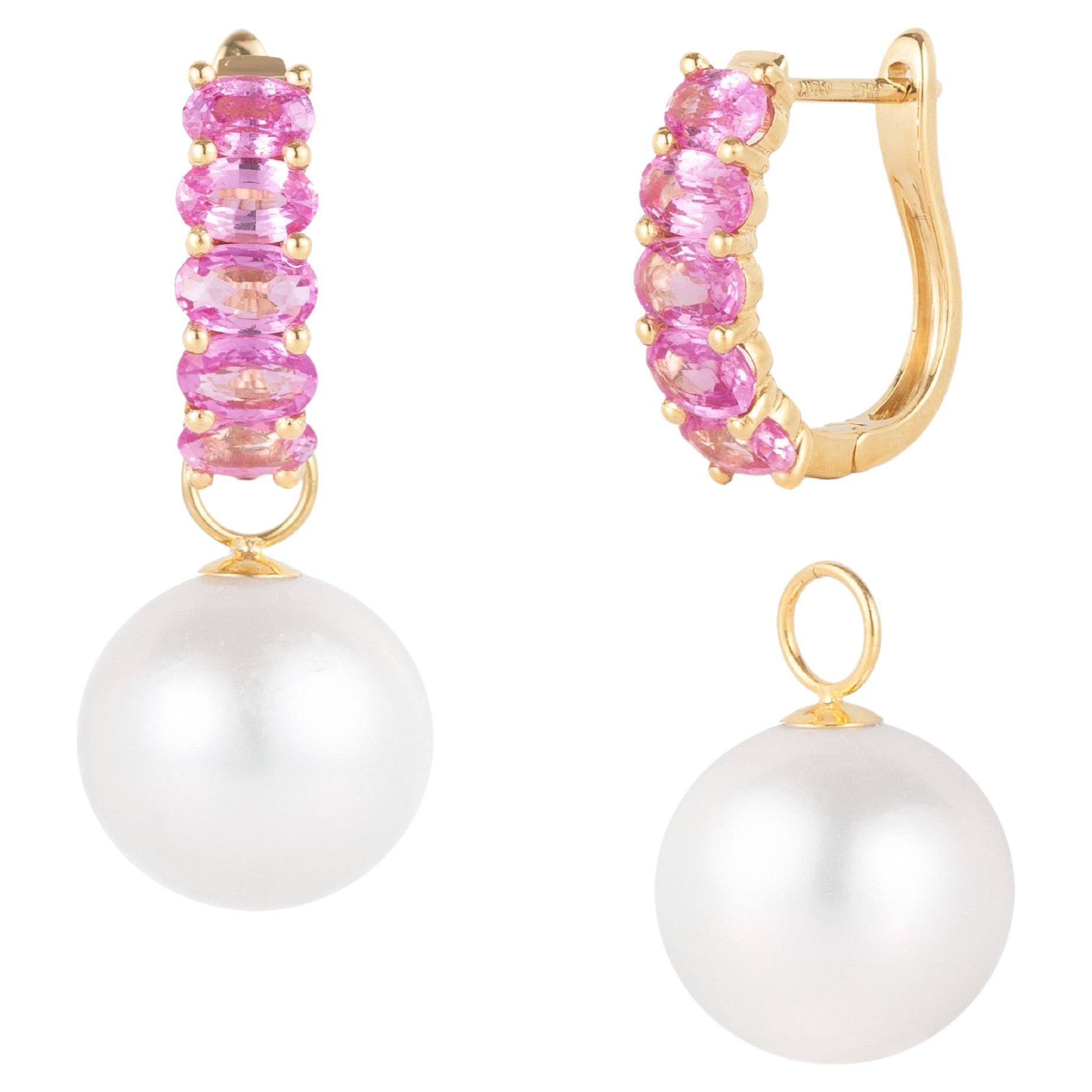Nina Zhou Pink Sapphire Huggie Earrings with 12-13mm Pearl Enhancers For Sale