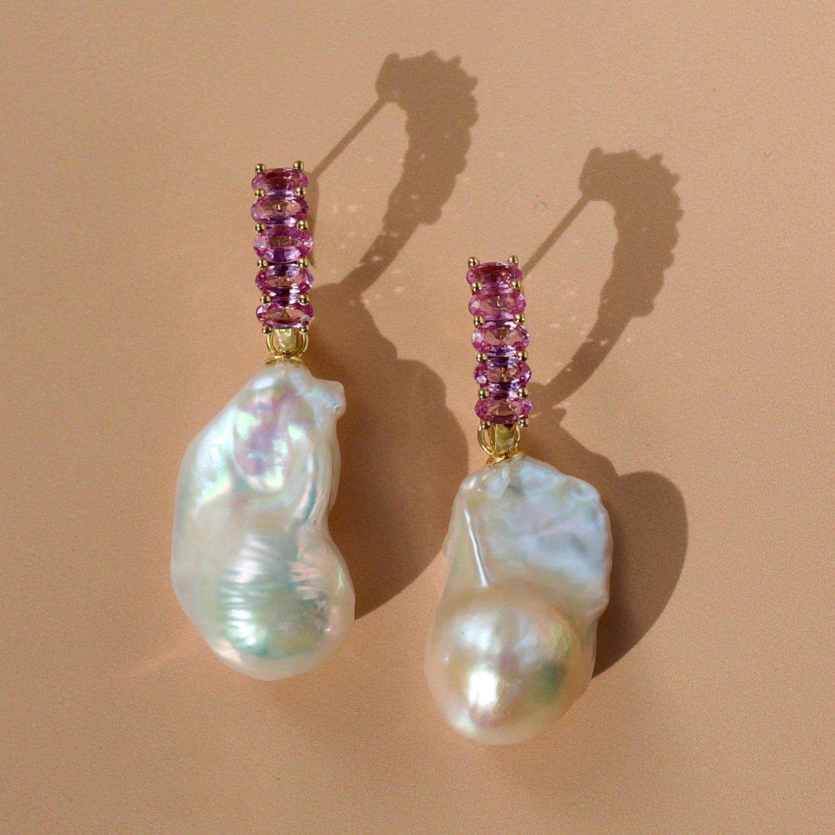 Oval Cut Nina Zhou Pink Sapphire Huggie Earrings with Baroque Pearl Enhancers For Sale