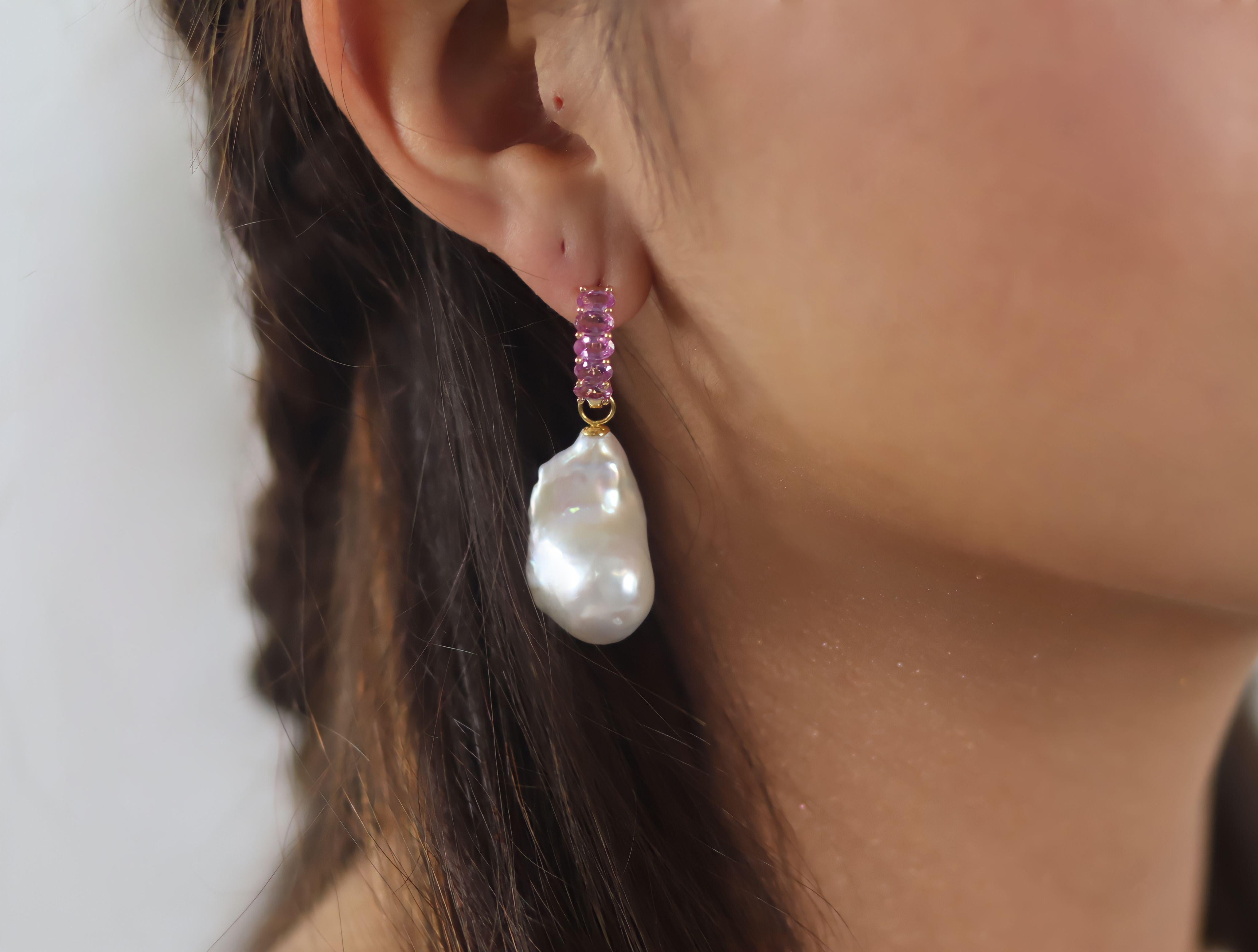 Nina Zhou Pink Sapphire Huggie Earrings with Baroque Pearl Enhancers For Sale 1