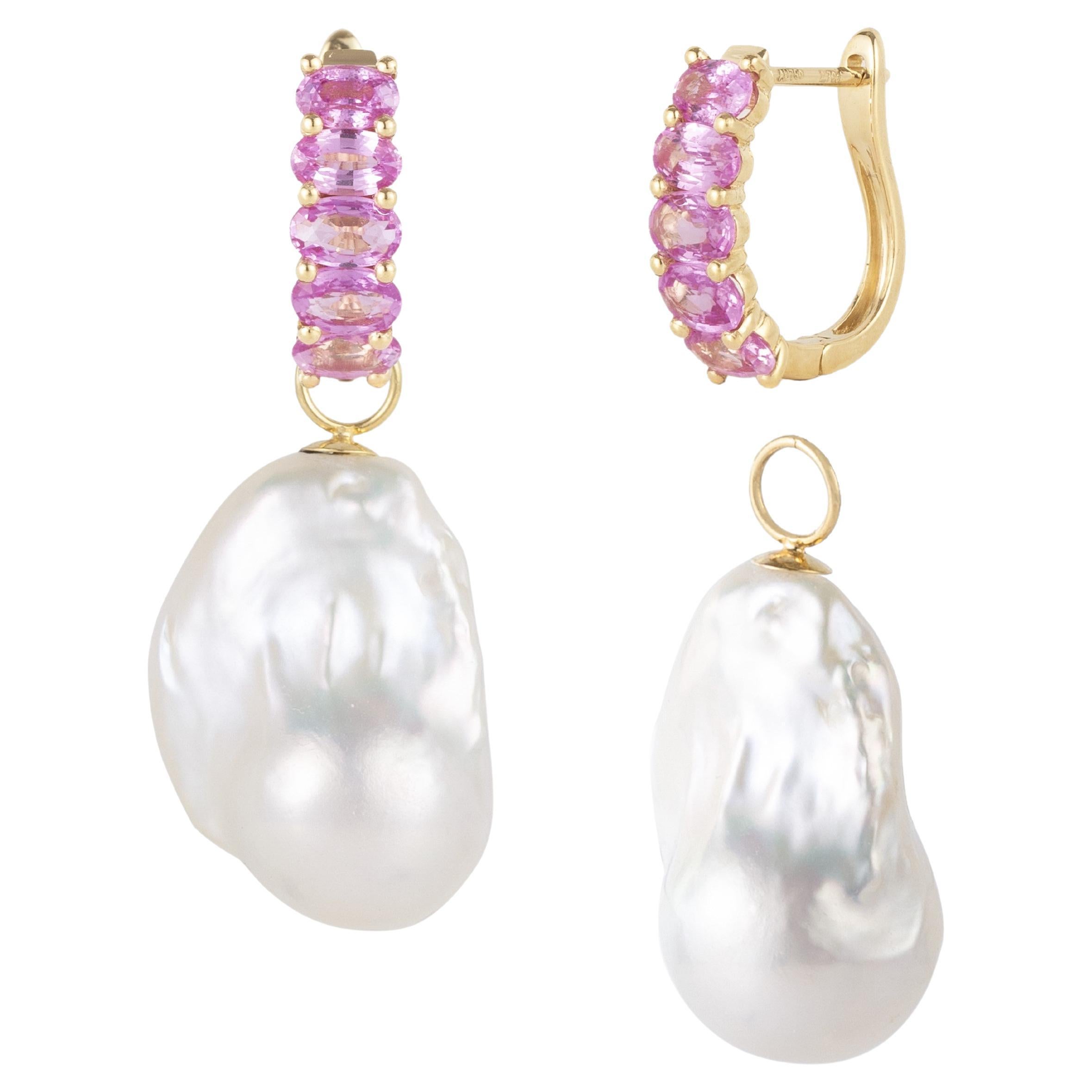 Nina Zhou Pink Sapphire Huggie Earrings with Baroque Pearl Enhancers For Sale