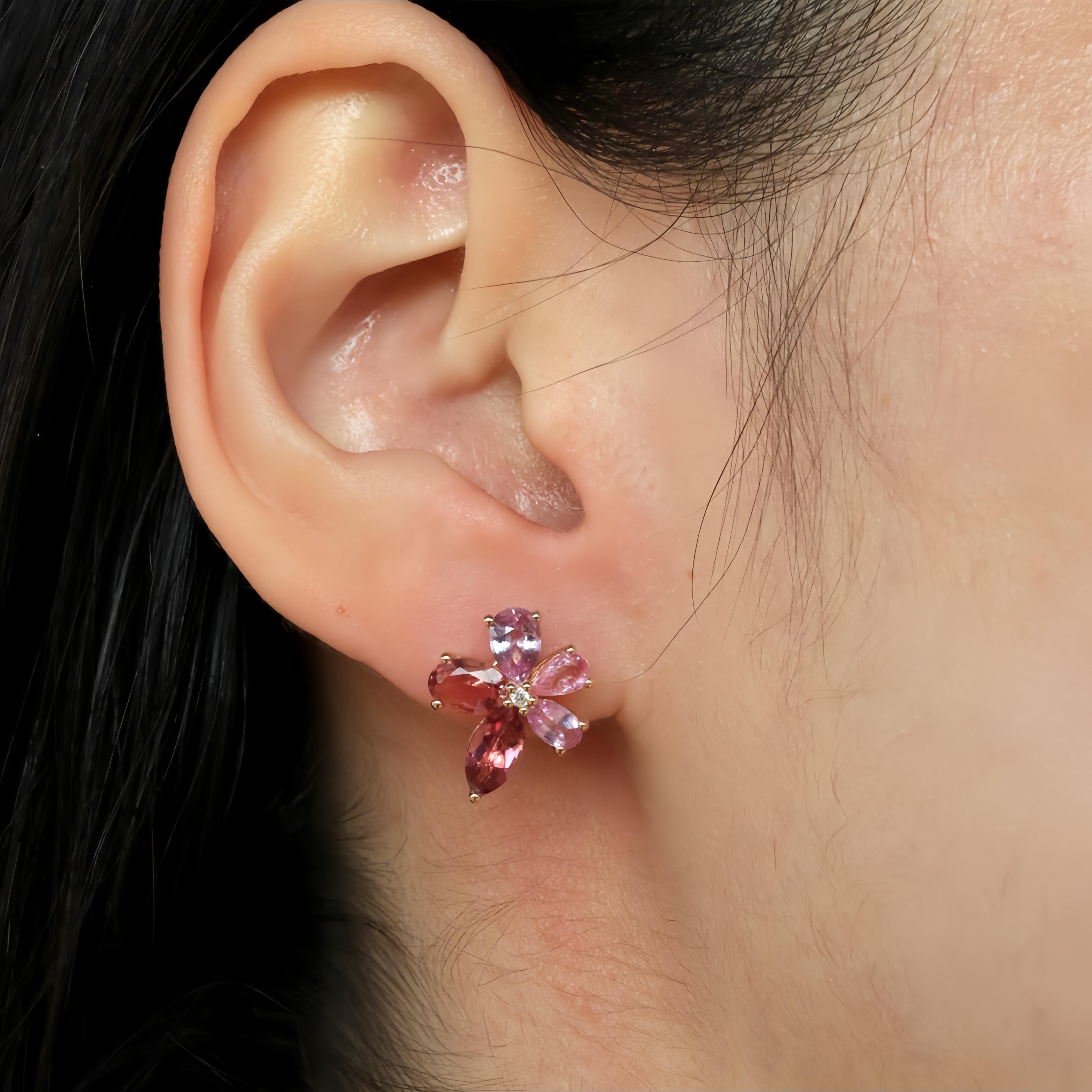 Modern Nina Zhou Pink Sapphire Tourmaline Diamond Blossom Earrings For Sale