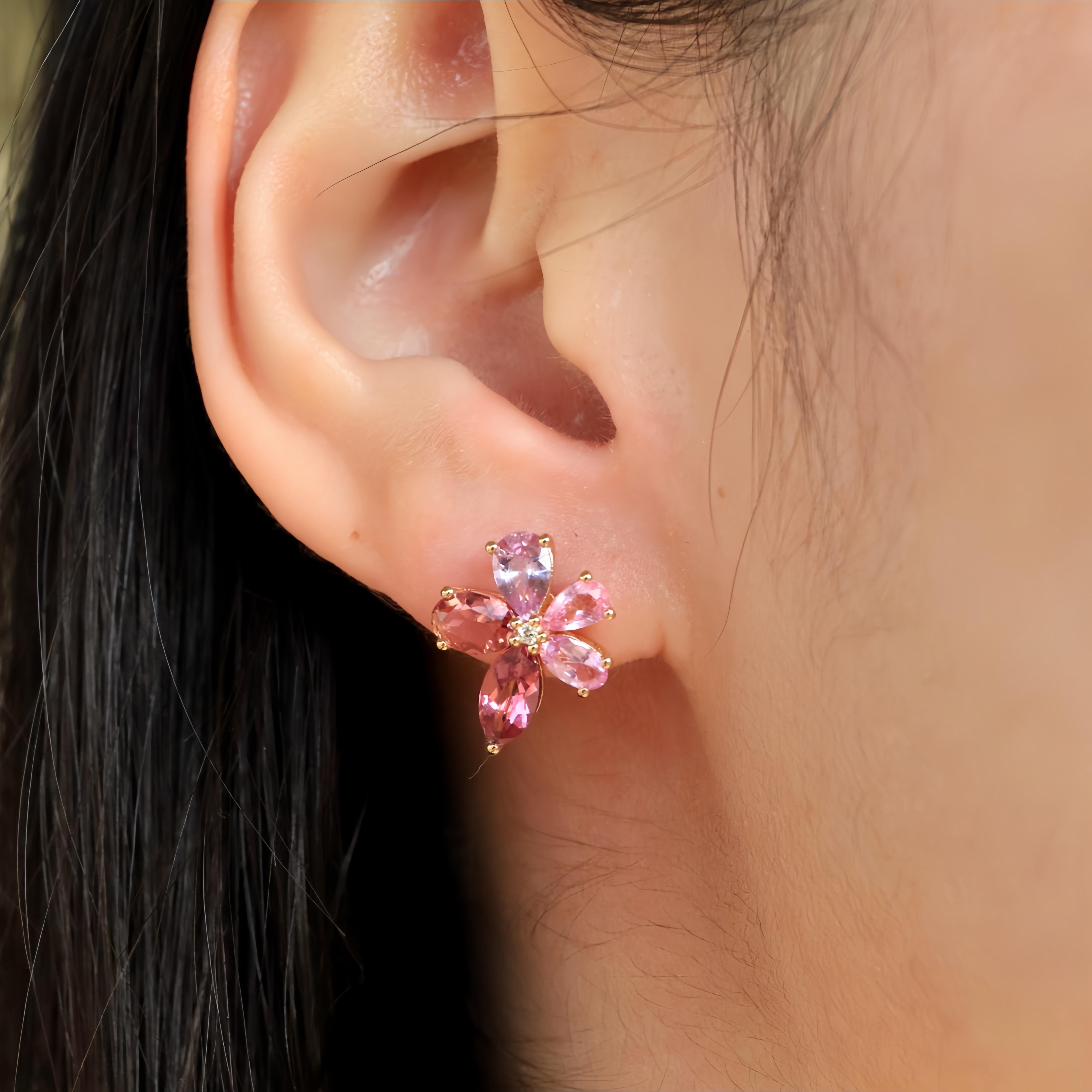 Nina Zhou Pink Sapphire Tourmaline Diamond Blossom Earrings In New Condition For Sale In Rowland Heights, CA