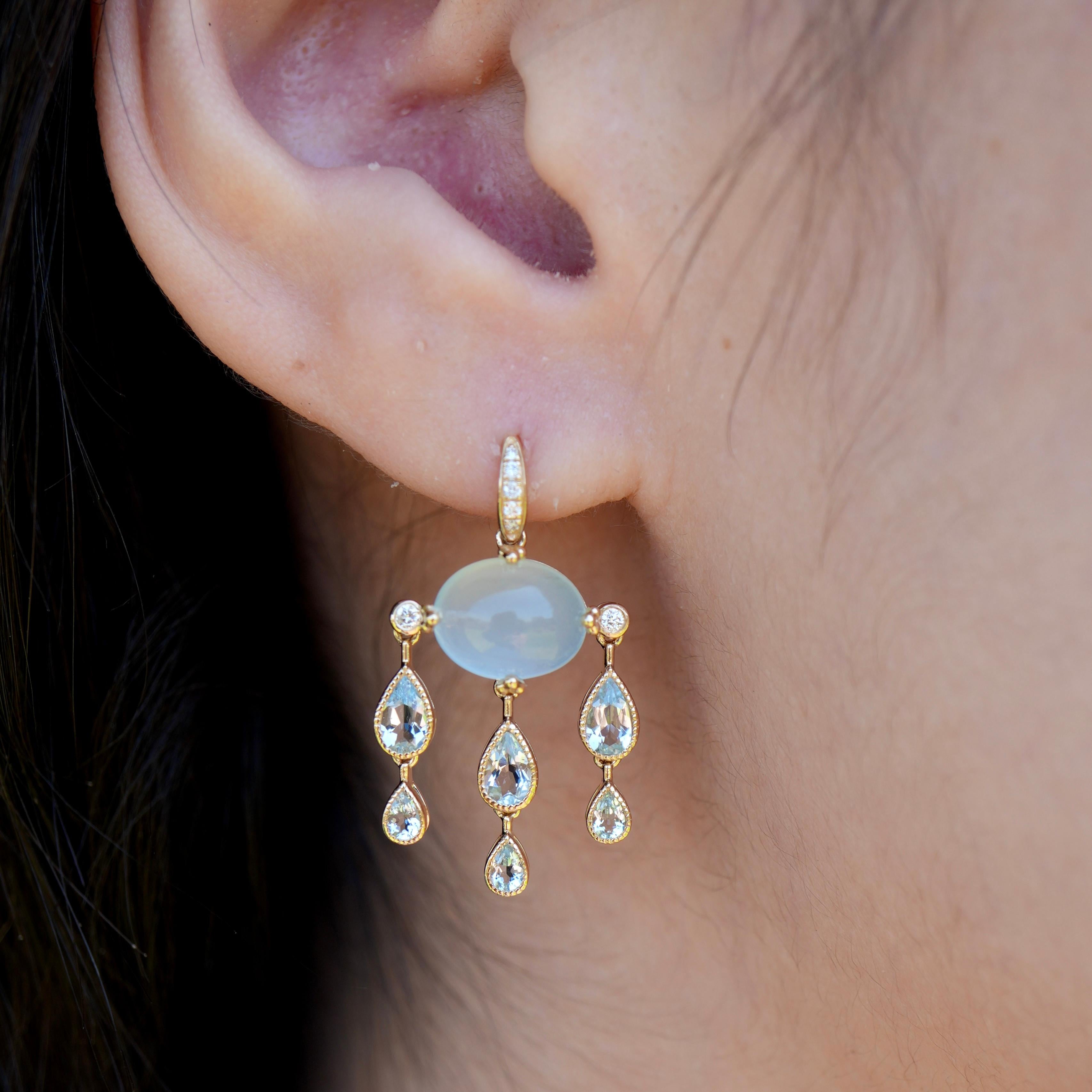 A cascade of aquamarines dances with light, anchored by delicate drops of diamond shimmer. These chandelier earrings evoke the quiet elegance of a rainy afternoon—fluid, luminous, and full of movement.

Whether you’re dressing for a special