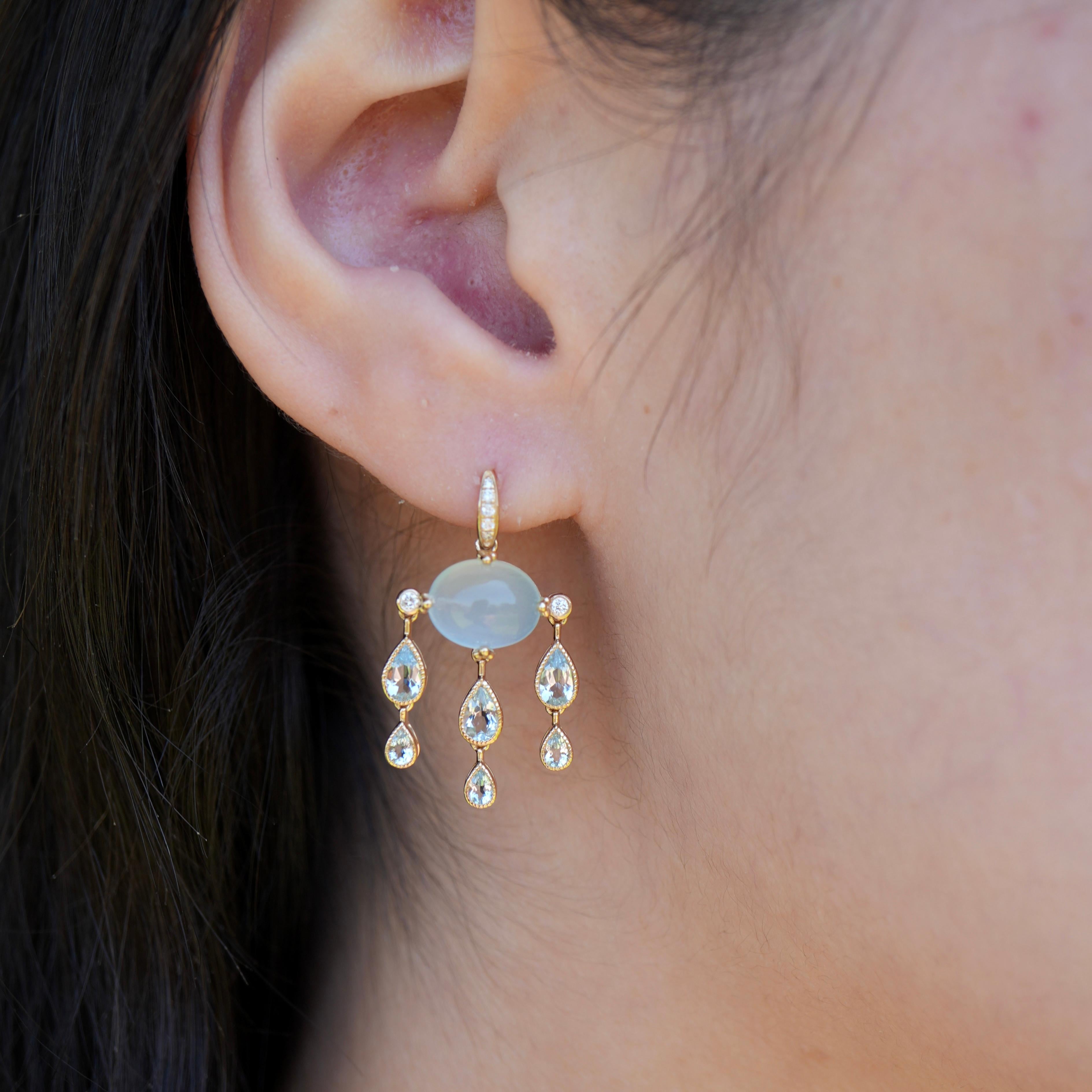 Cabochon Nina Zhou Rainy Day 7.00ct Aquamarine Diamond Chandelier Drop Earrings For Sale
