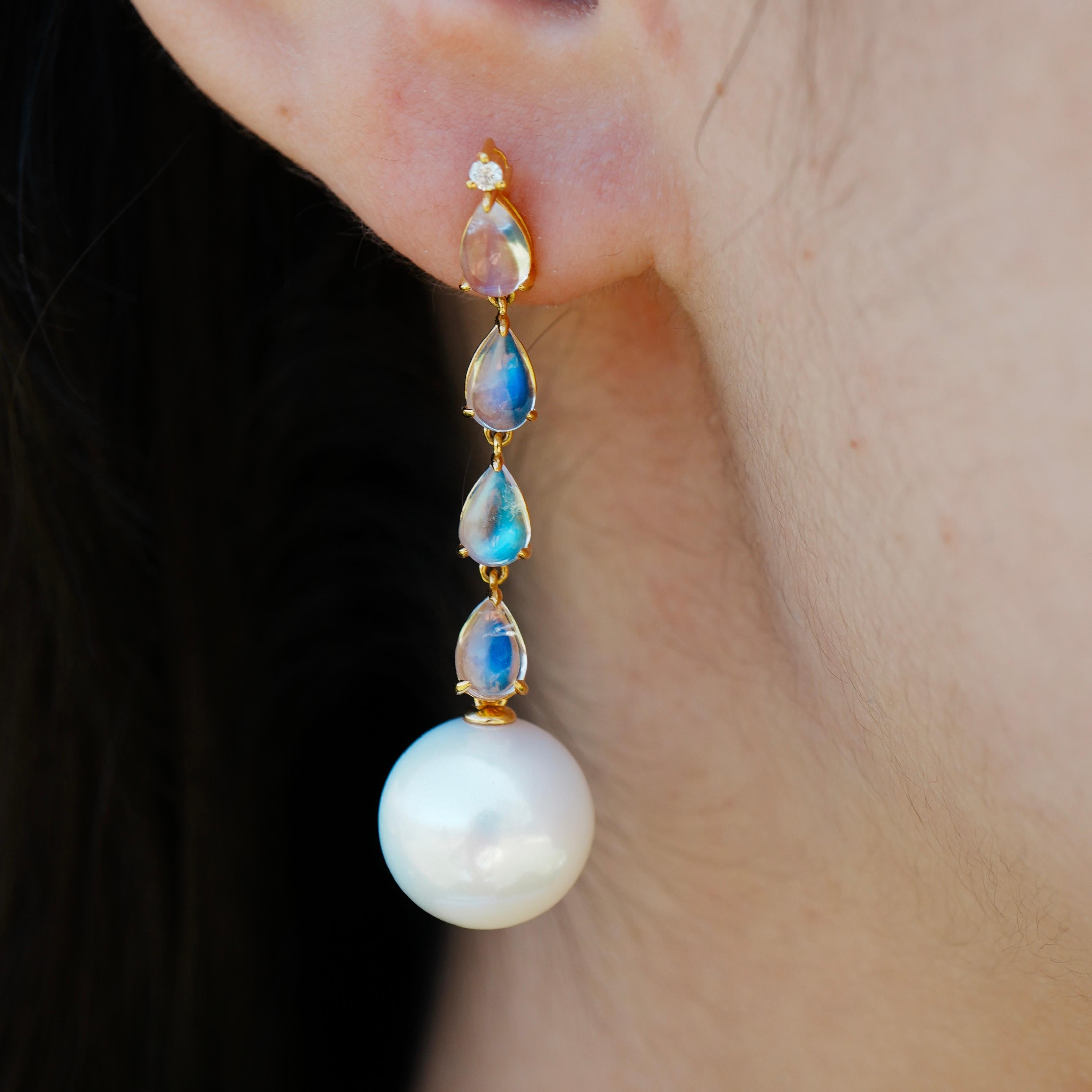 Ethereal and fluid in form, these Nina Zhou Rhythm 3.05ctw Moonstone Diamond and Pearl Drop Earrings are composed of delicately graduated moonstones set in 18K gold, accented with subtle diamond details. A single luminous cultured pearl anchors each