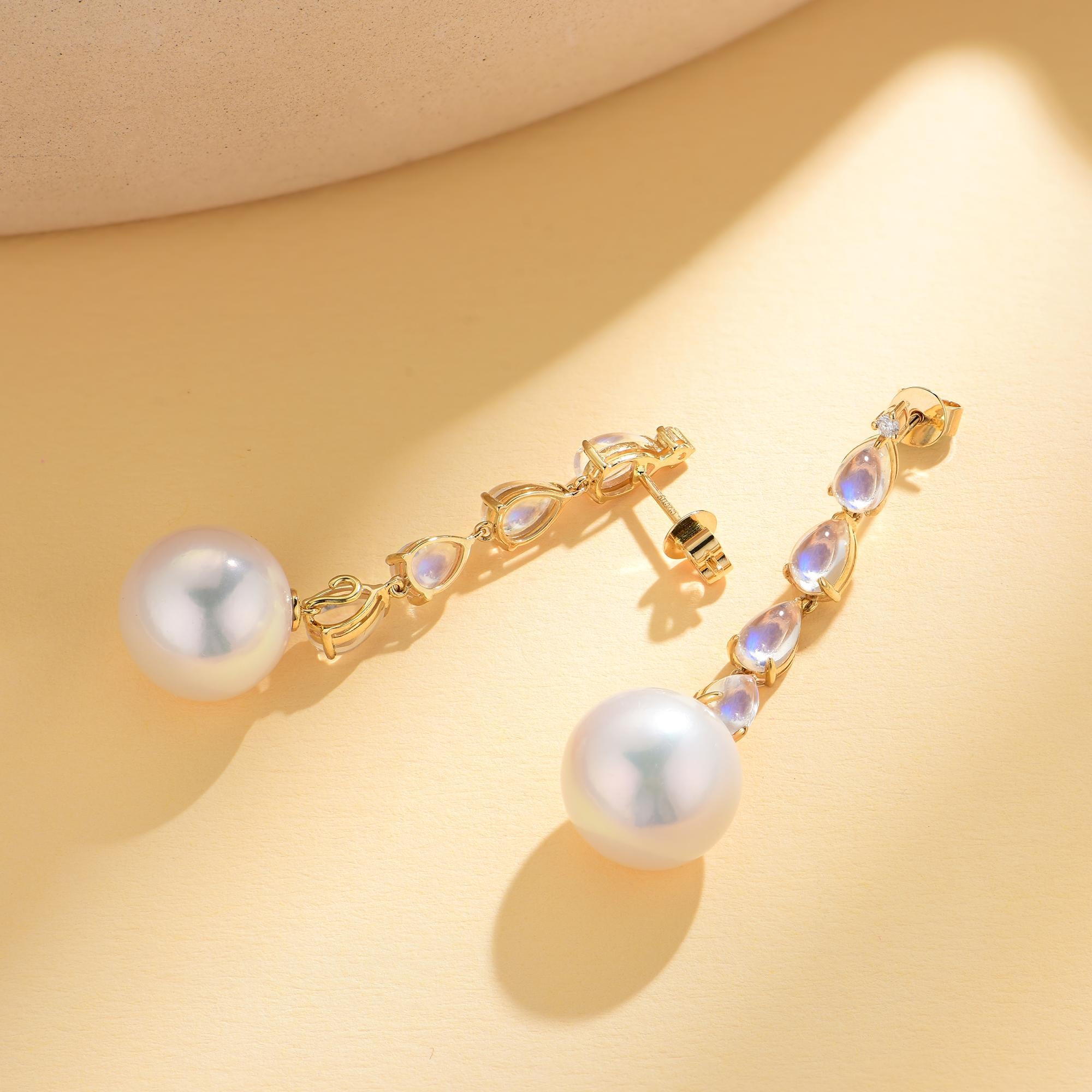 Modern Nina Zhou Rhythm 3.05ctw Moonstone Diamond and Pearl Drop Earrings in 18K Gold For Sale