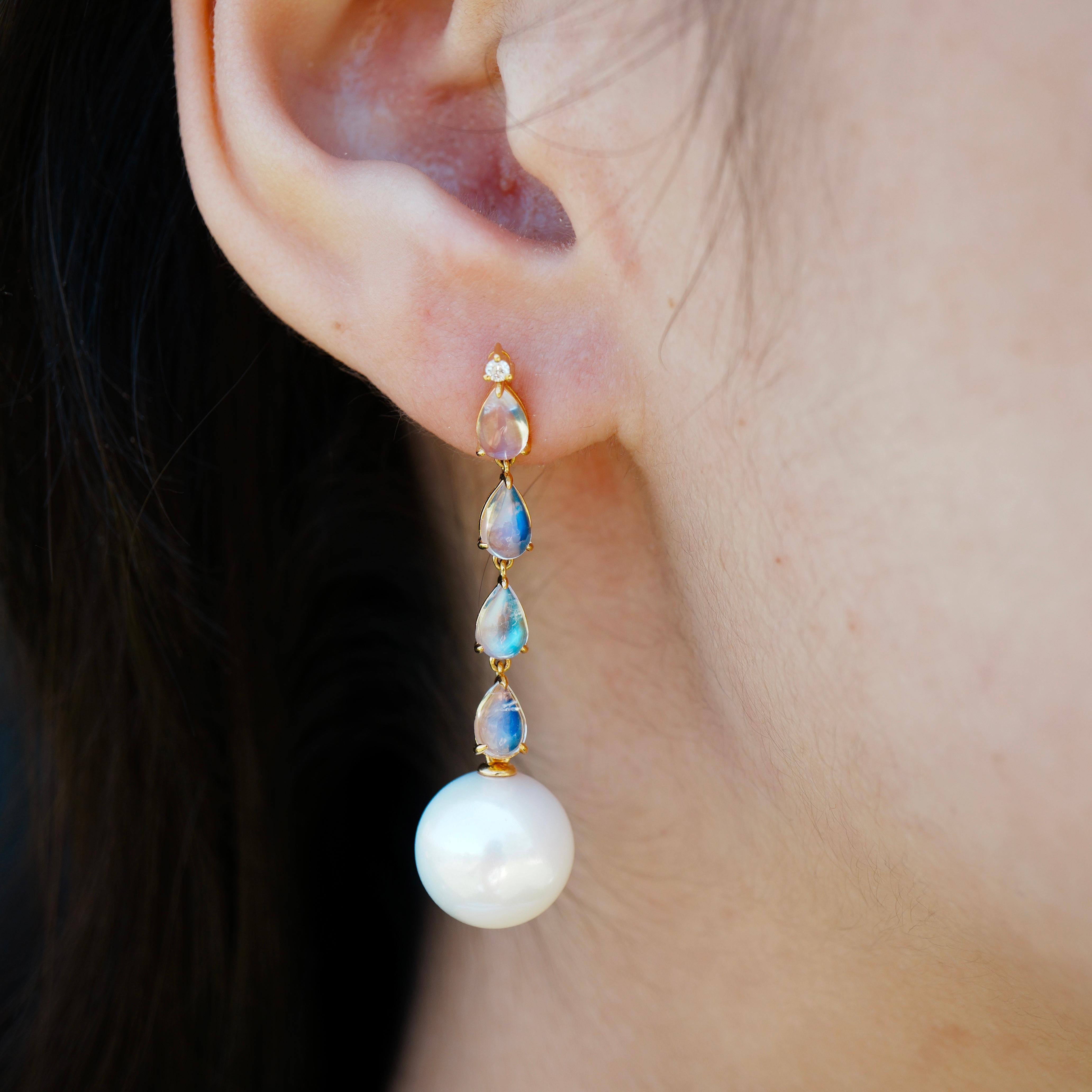 Pear Cut Nina Zhou Rhythm 3.05ctw Moonstone Diamond and Pearl Drop Earrings in 18K Gold For Sale