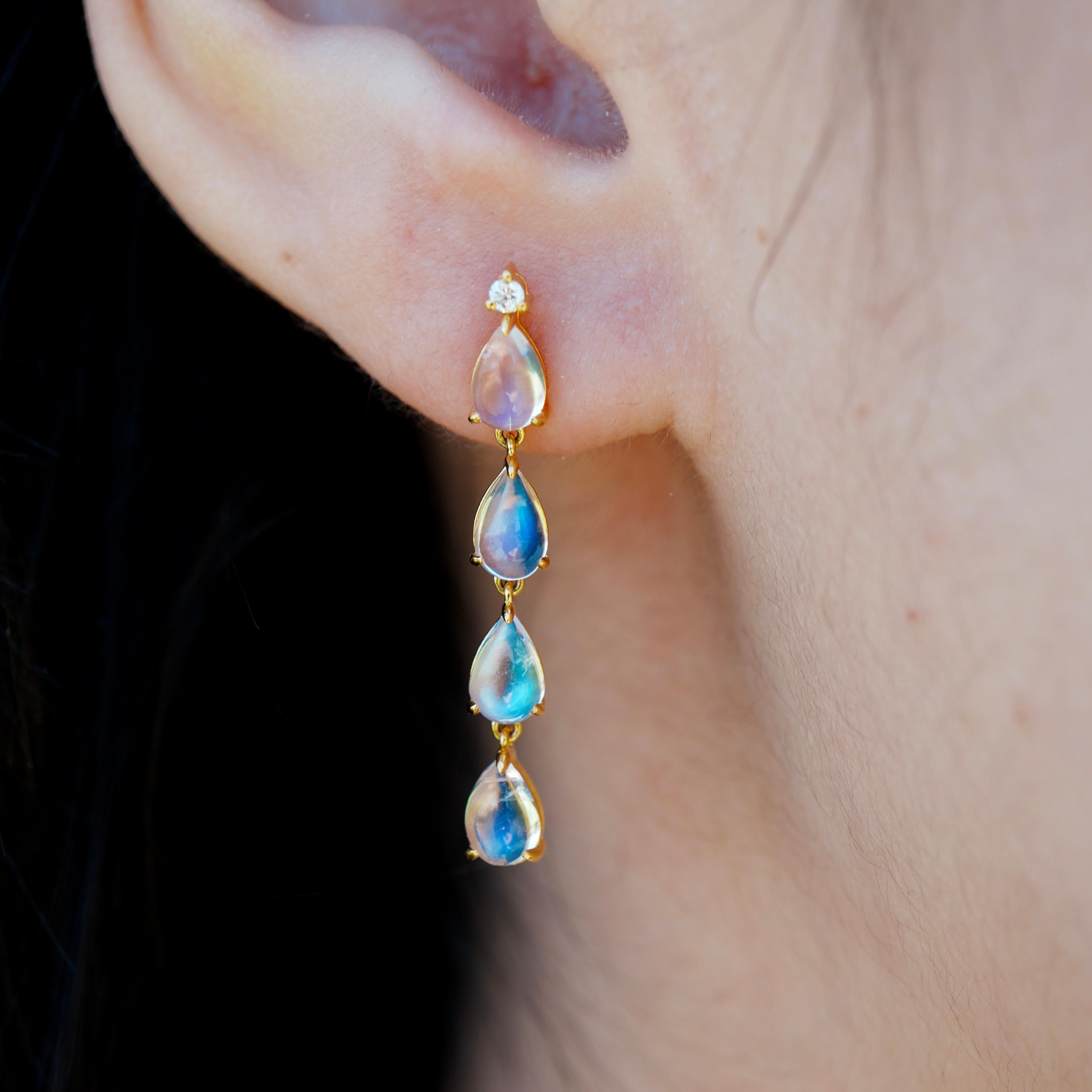 Nina Zhou Rhythm 3.05ctw Moonstone Diamond and Pearl Drop Earrings in 18K Gold In New Condition For Sale In Rowland Heights, CA