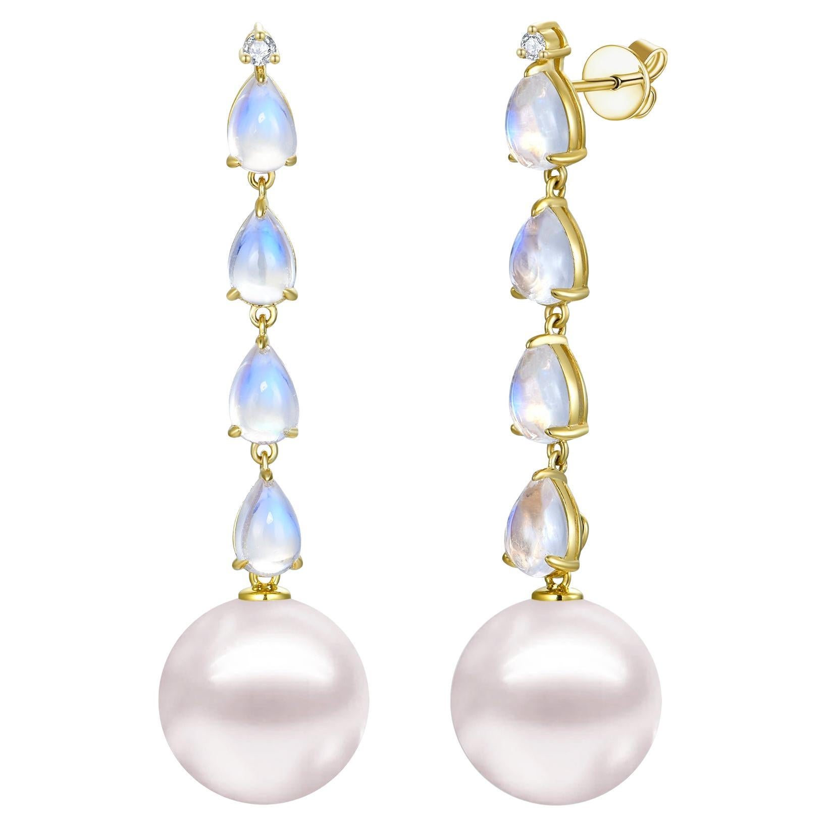 Nina Zhou Rhythm 3.05ctw Moonstone Diamond and Pearl Drop Earrings in 18K Gold For Sale