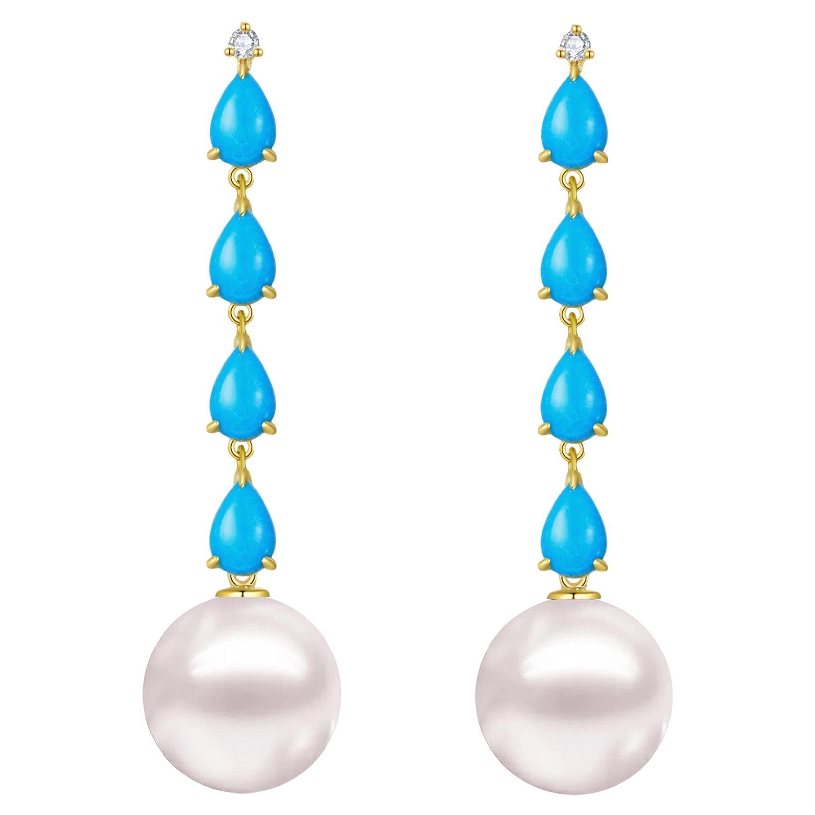 Nina Zhou Rythm Turquoise Diamond and Pearl Drop Earrings