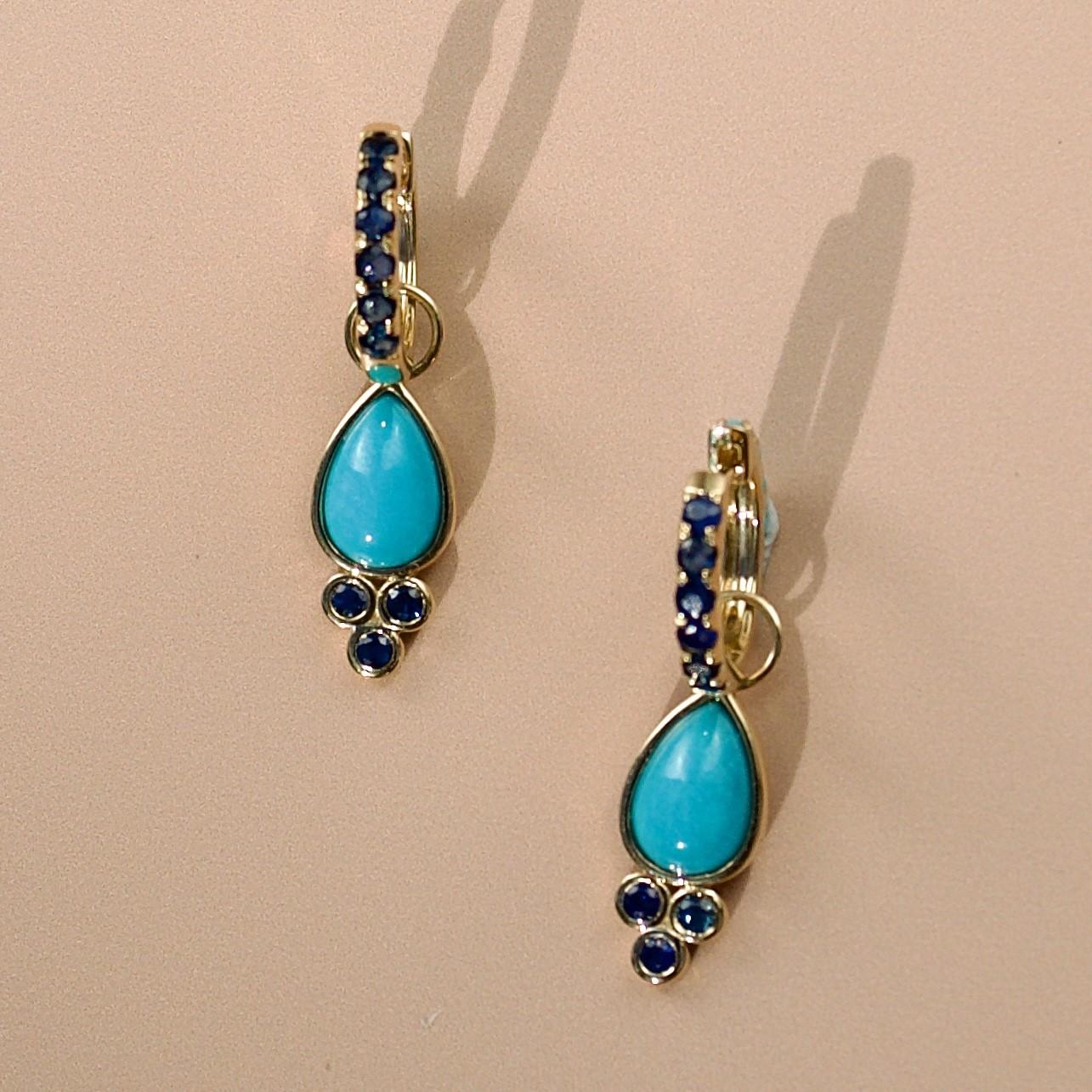 Nina Zhou Sapphire and Turquoise Double-sided Hoop Earrings with Drop Enhancers In New Condition For Sale In Rowland Heights, CA
