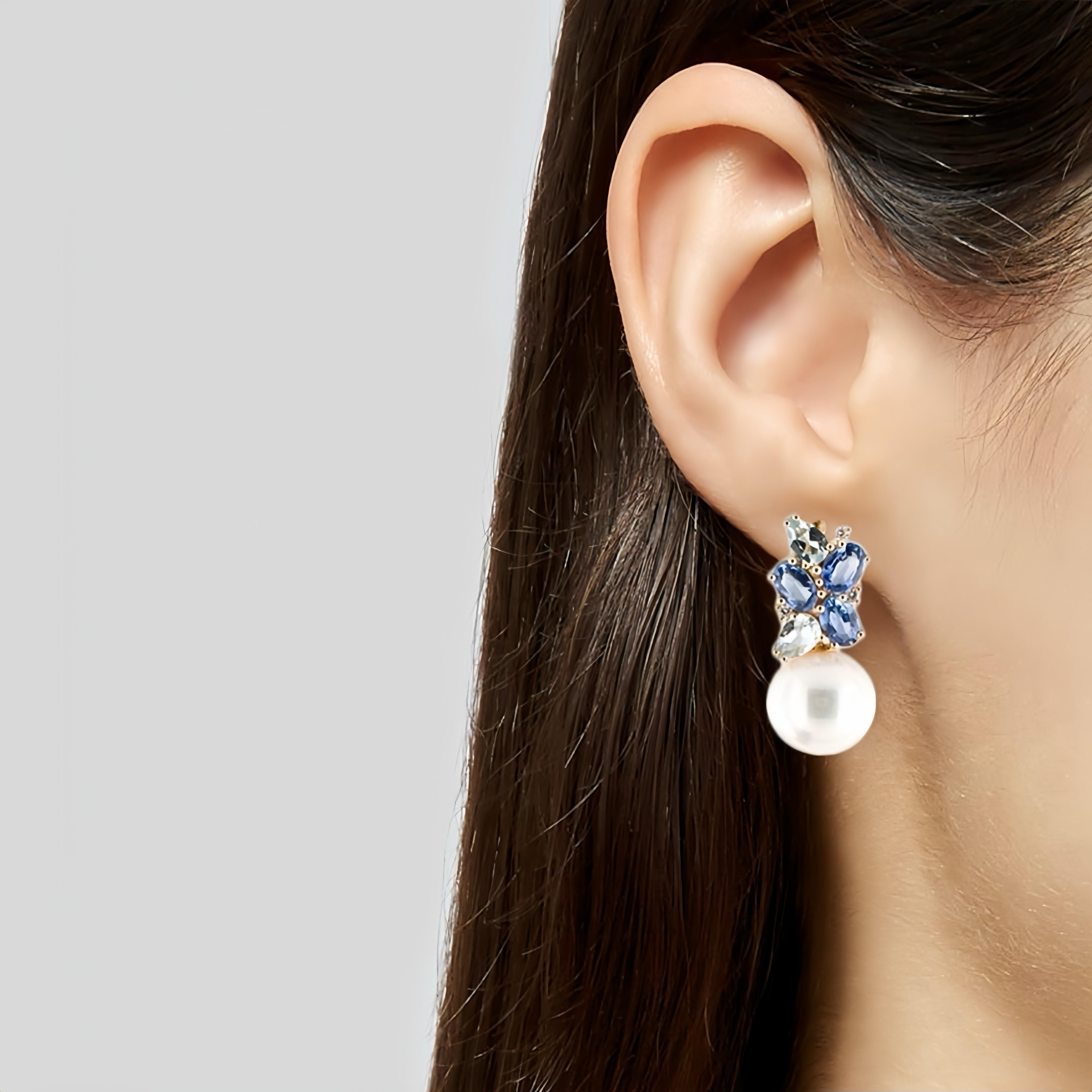 Oval Cut Nina Zhou Sapphire, Aquamarine and Diamond Cluster Baroque Pearl Drop Earrings
