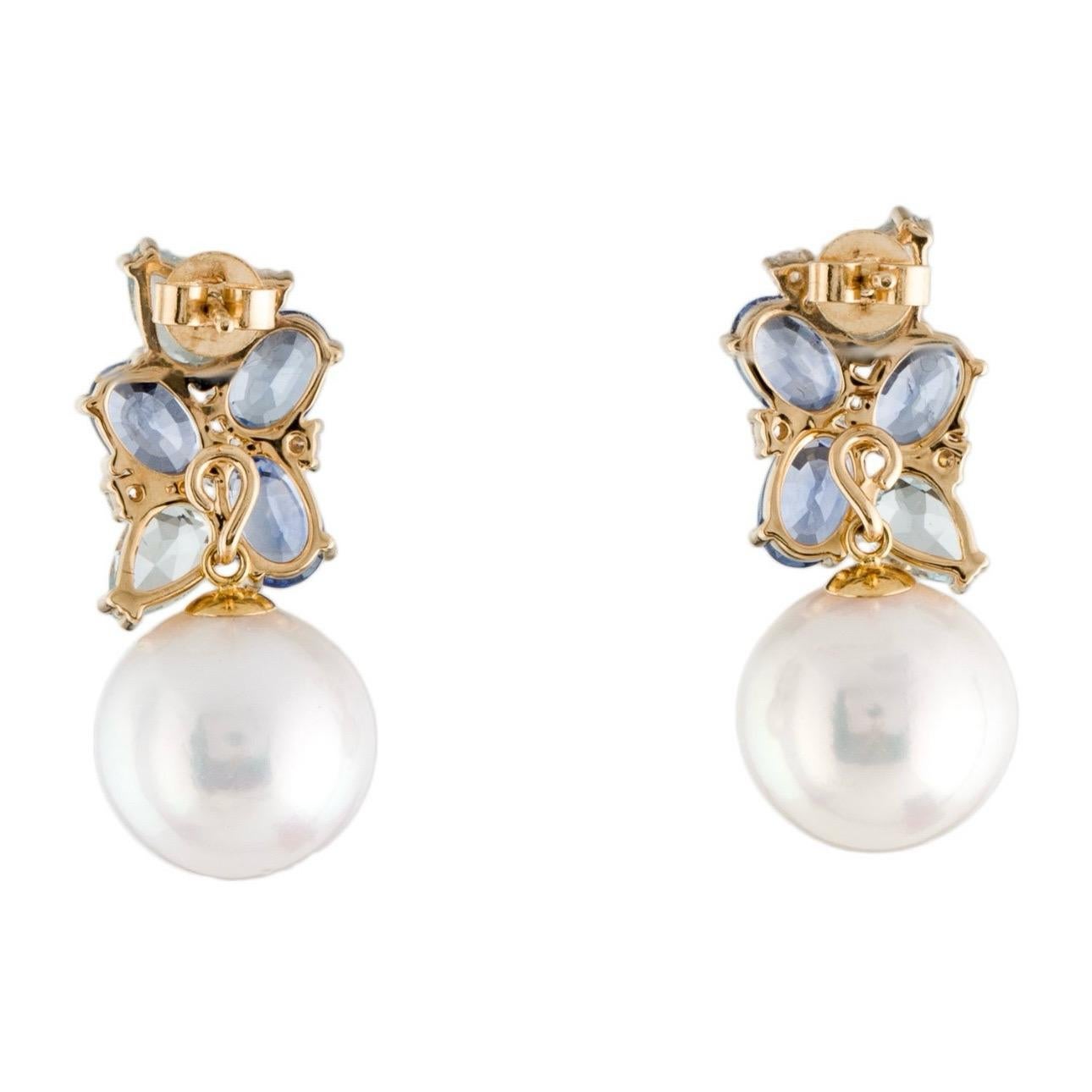 Nina Zhou Sapphire, Aquamarine and Diamond Cluster Baroque Pearl Drop Earrings In New Condition In Rowland Heights, CA