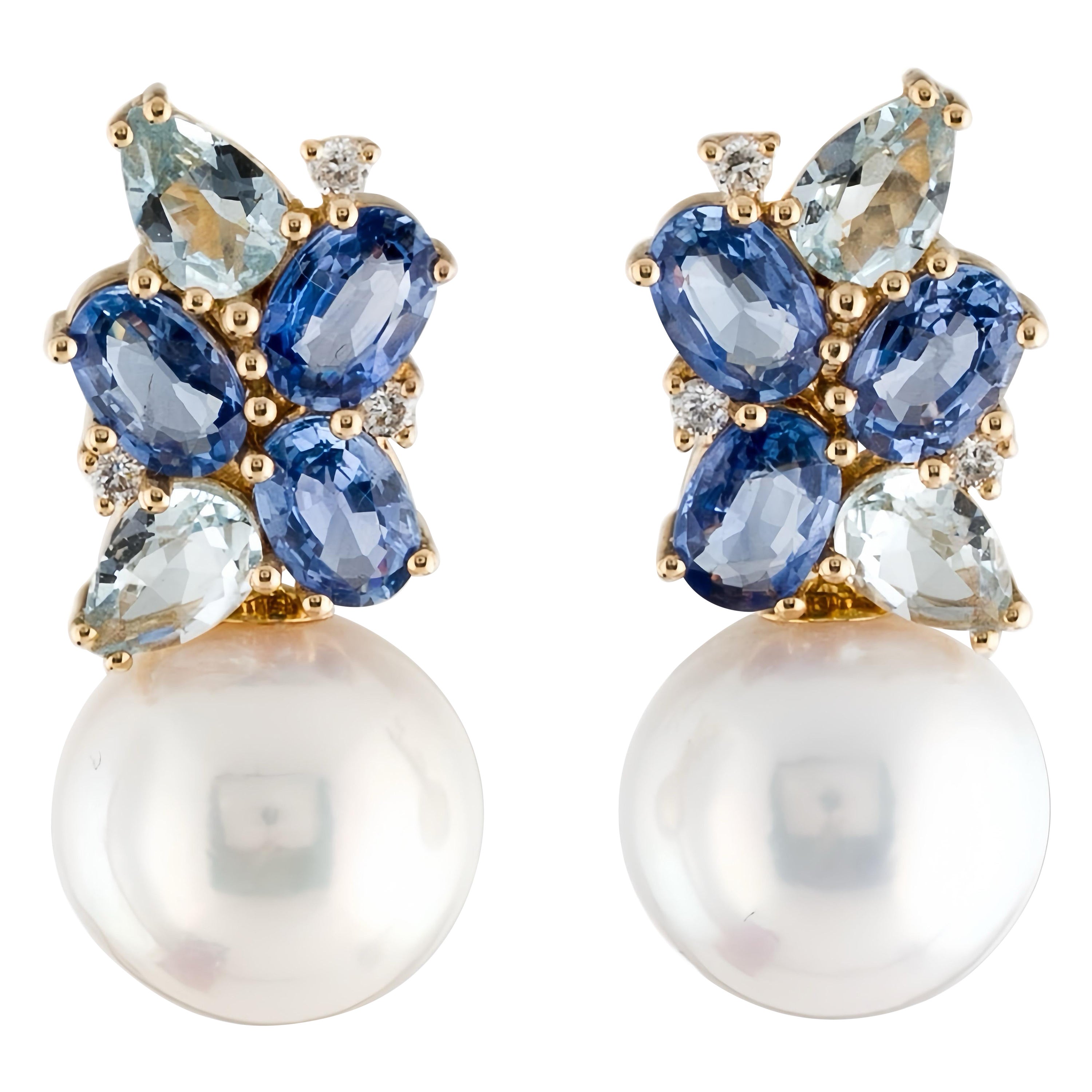 Nina Zhou Sapphire, Aquamarine and Diamond Cluster Baroque Pearl Drop Earrings For Sale