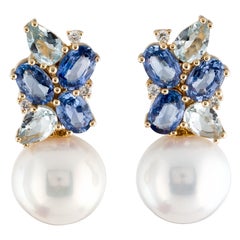 Nina Zhou Sapphire, Aquamarine and Diamond Cluster Baroque Pearl Drop Earrings