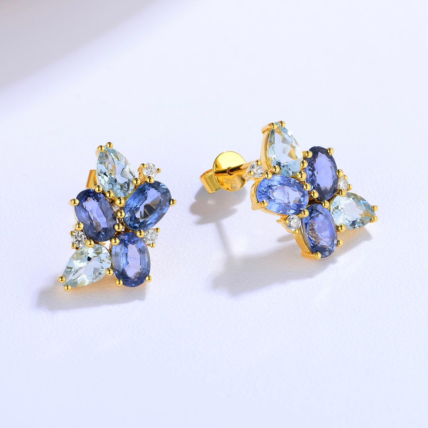 Modern Nina Zhou 5.80 ctw Sapphire, Aquamarine and Diamond Cluster Earrings For Sale