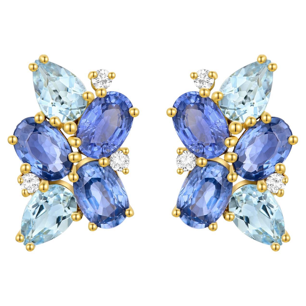 Nina Zhou Sapphire, Aquamarine and Diamond Cluster Earrings