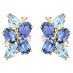 Nina Zhou Sapphire, Aquamarine and Diamond Cluster Earrings