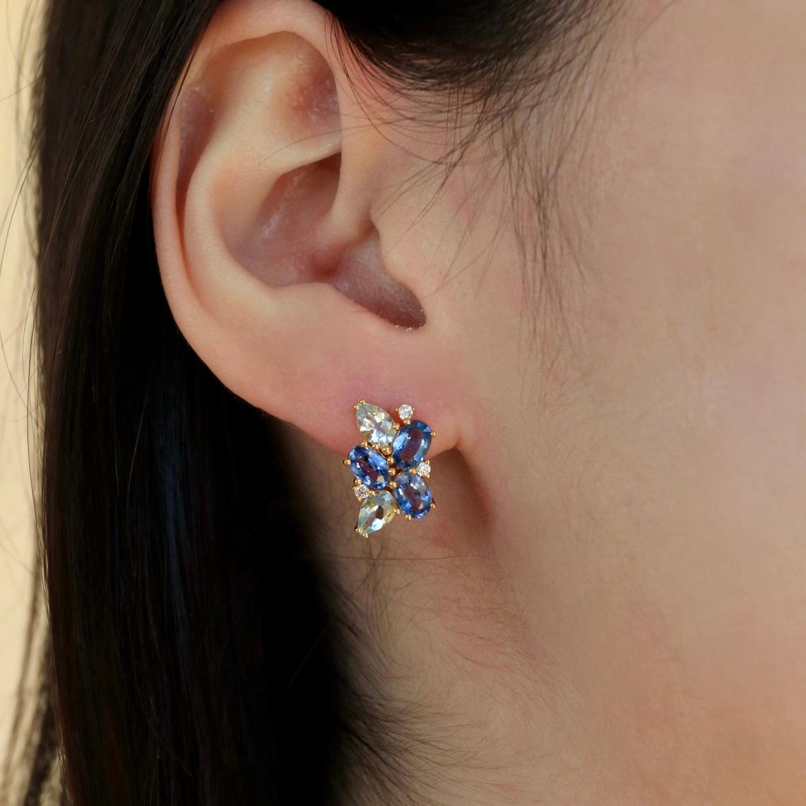 Nina Zhou 5.80ctw Sapphire, Aquamarine and Diamond Cluster Pearl Drop Earrings For Sale 3