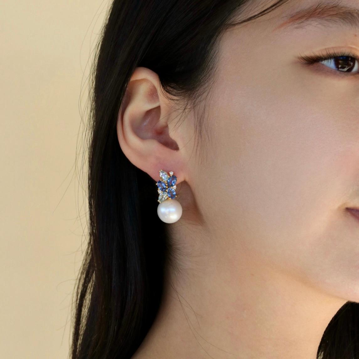 Oval Cut Nina Zhou 5.80ctw Sapphire, Aquamarine and Diamond Cluster Pearl Drop Earrings For Sale