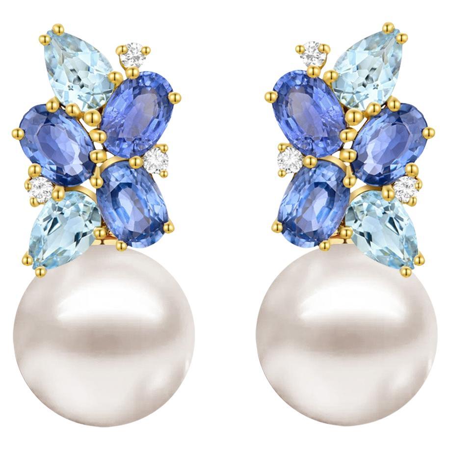 Nina Zhou Sapphire, Aquamarine and Diamond Cluster Pearl Drop Earrings