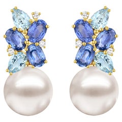 Nina Zhou Sapphire, Aquamarine and Diamond Cluster Pearl Drop Earrings