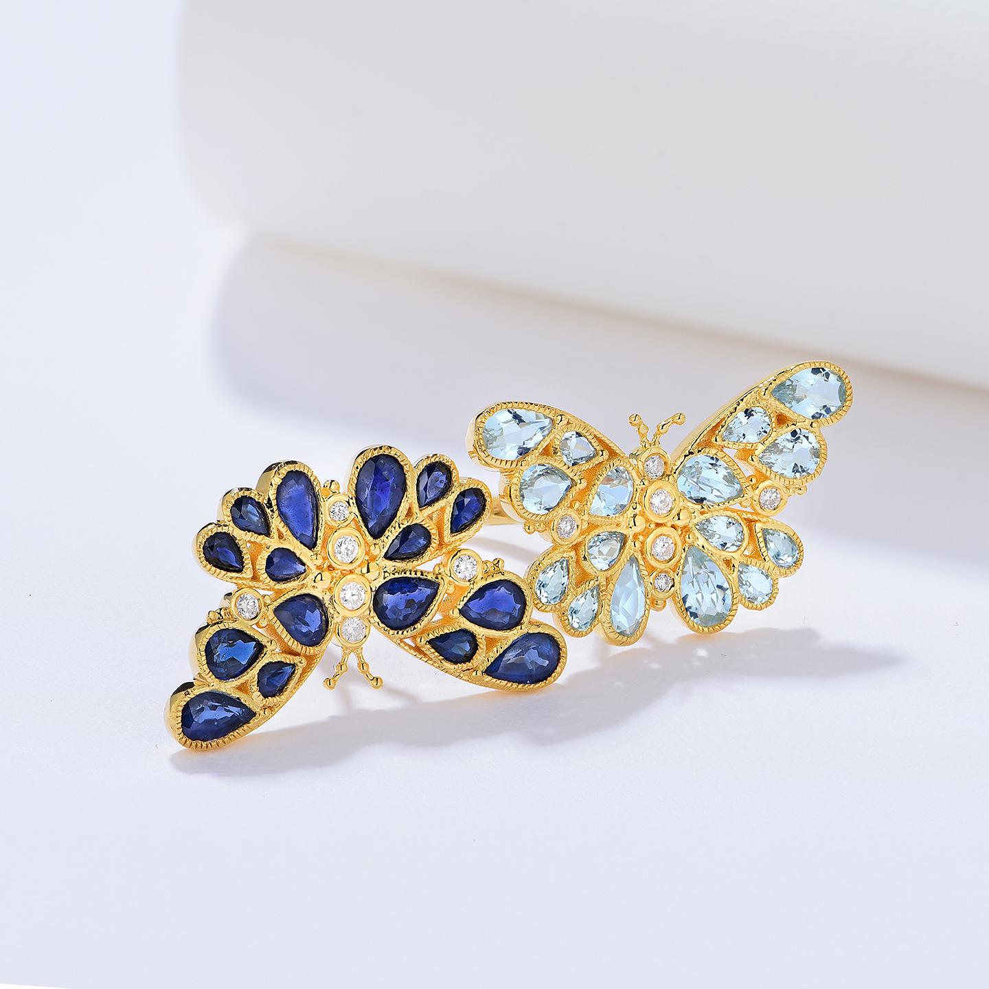 Modern Nina Zhou Sapphire Aquamarine Diamond Two Butterfly Cocktail Ring For Sale