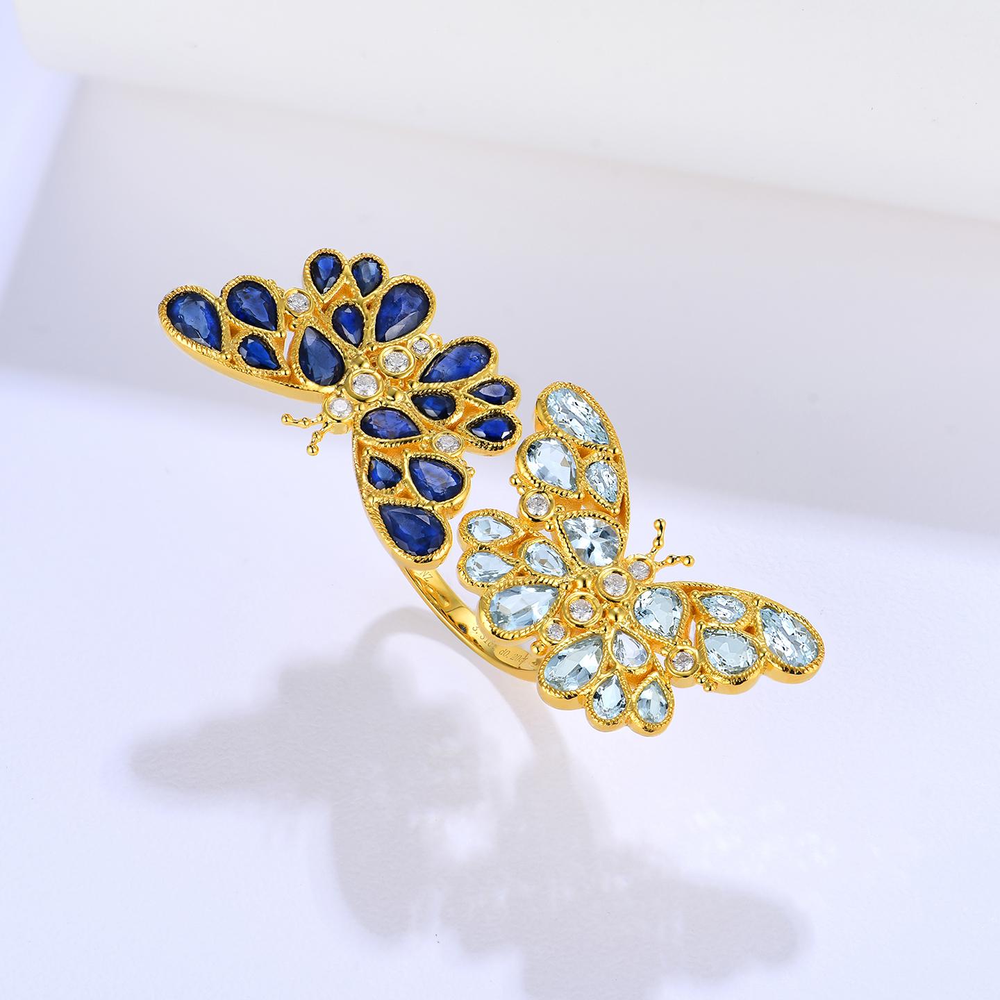 Pear Cut Nina Zhou Sapphire Aquamarine Diamond Two Butterfly Cocktail Ring For Sale