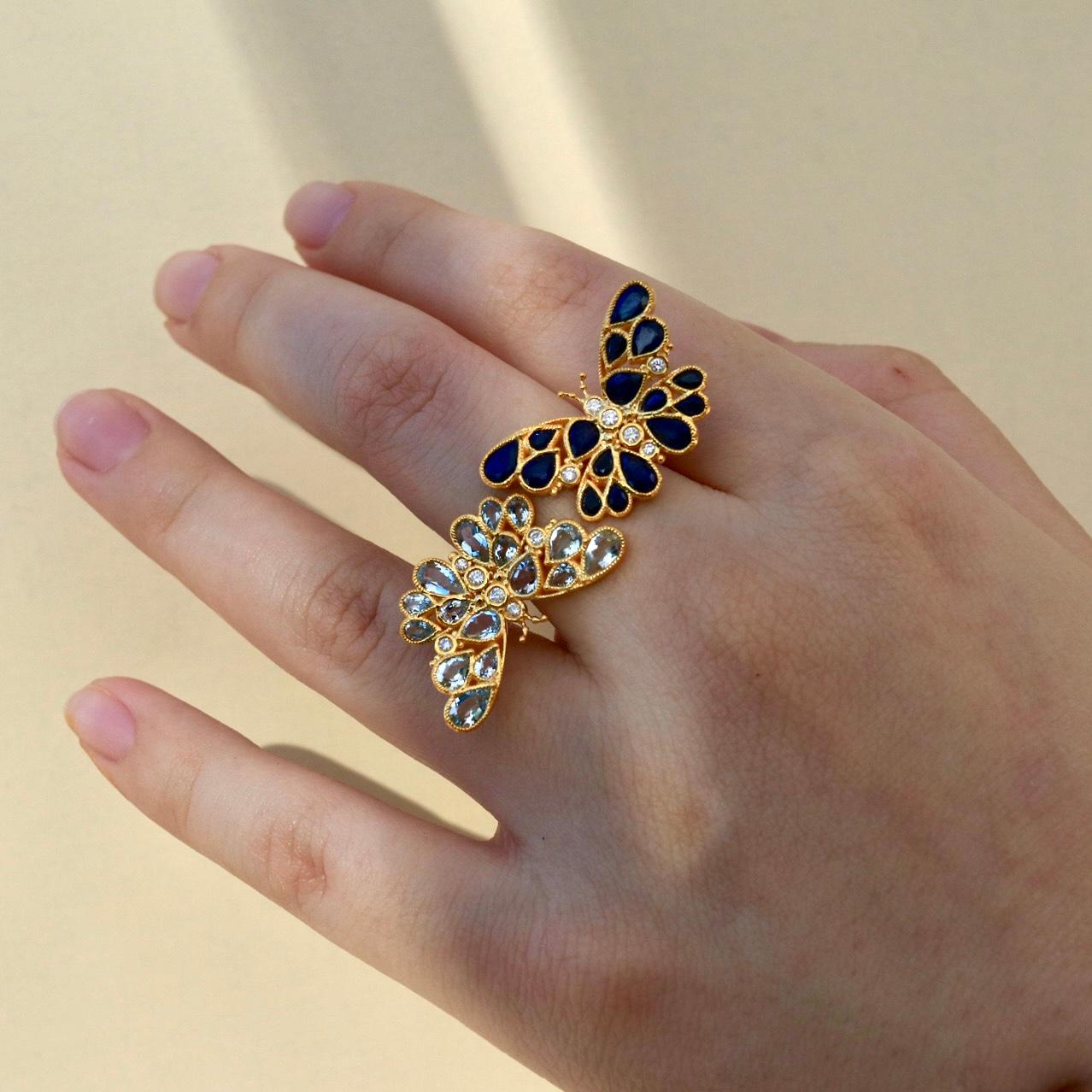 Nina Zhou Sapphire Aquamarine Diamond Two Butterfly Cocktail Ring In New Condition For Sale In Rowland Heights, CA