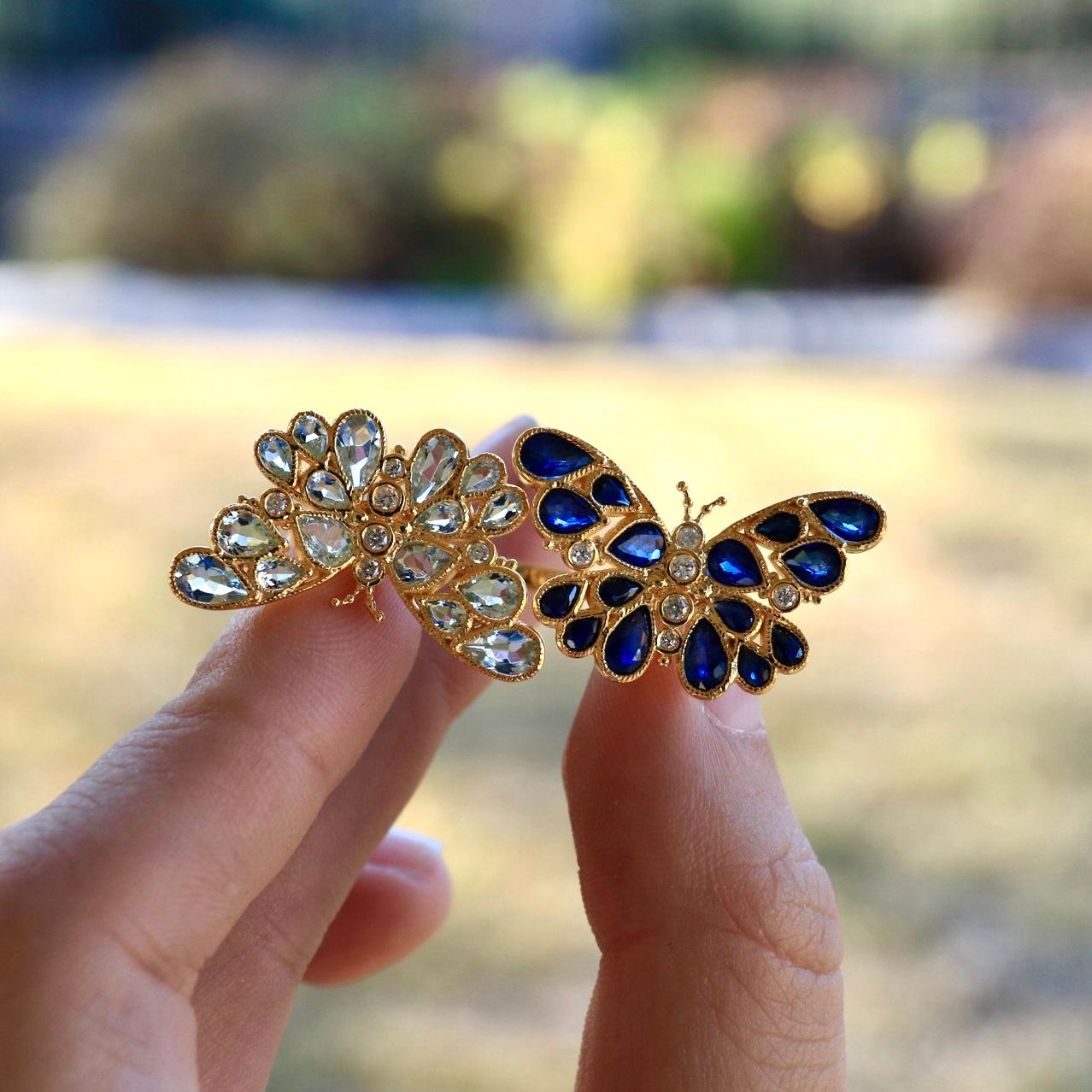 Nina Zhou Sapphire Aquamarine Diamond Two Butterfly Cocktail Ring For Sale 1