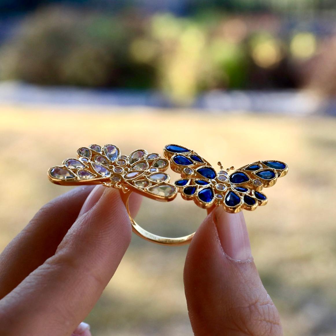 Nina Zhou Sapphire Aquamarine Diamond Two Butterfly Cocktail Ring For Sale 2