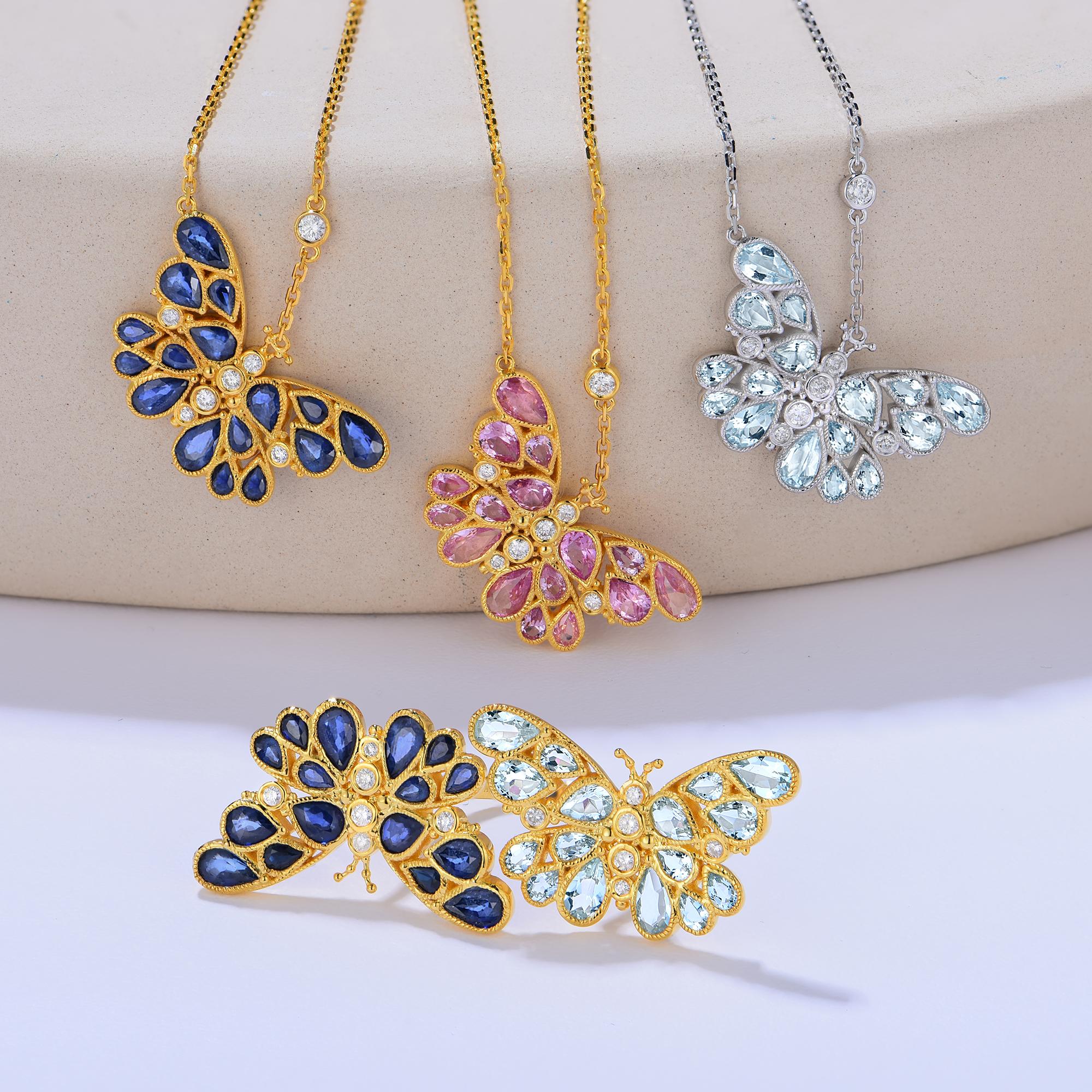 Nina Zhou Sapphire Aquamarine Diamond Two Butterfly Cocktail Ring For Sale 3