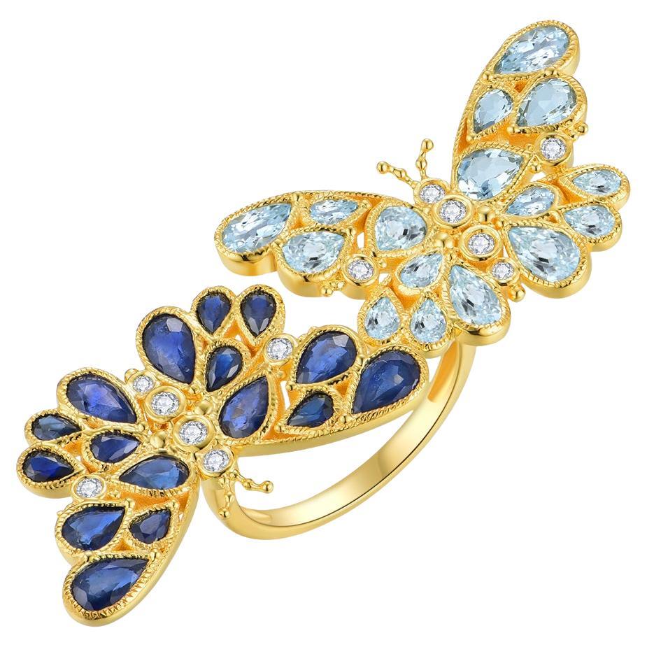 Anillo de Cóctel Nina Zhou Zafiro Aguamarina Diamante Dos Mariposas