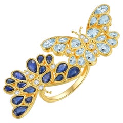 Nina Zhou Sapphire Aquamarine Diamond Two Butterfly Cocktail Ring