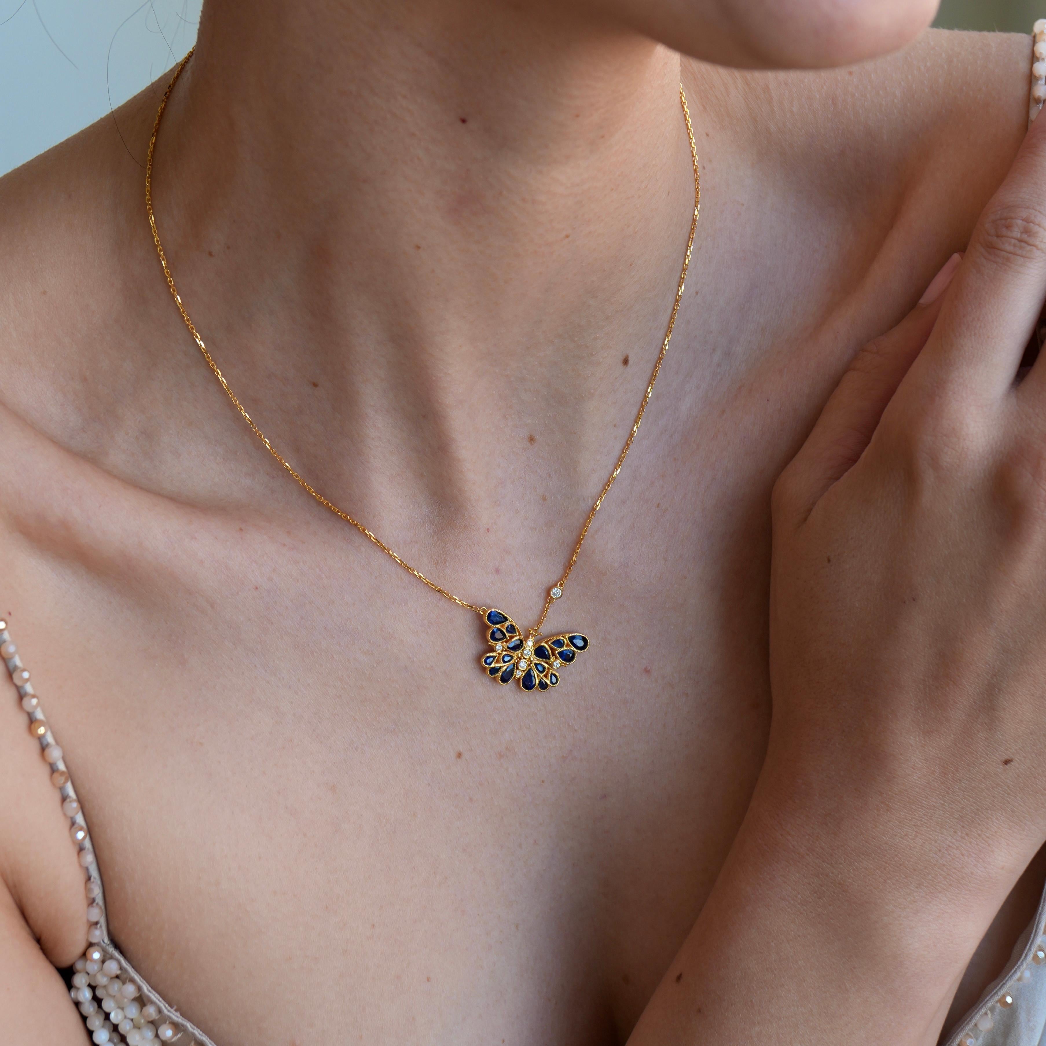 Nina Zhou Sapphire Diamond Butterfly Pendant Necklace In New Condition For Sale In Rowland Heights, CA
