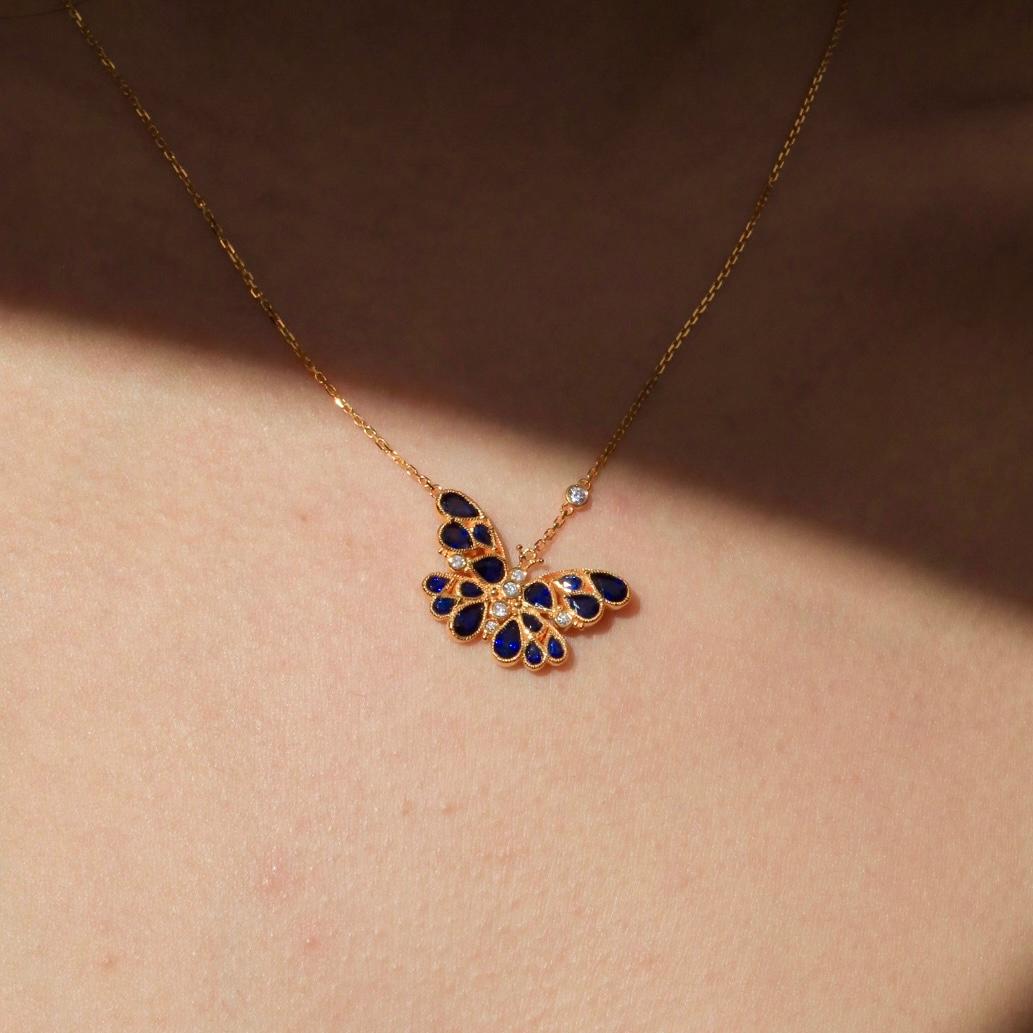 Nina Zhou Sapphire Diamond Butterfly Pendant Necklace For Sale 1