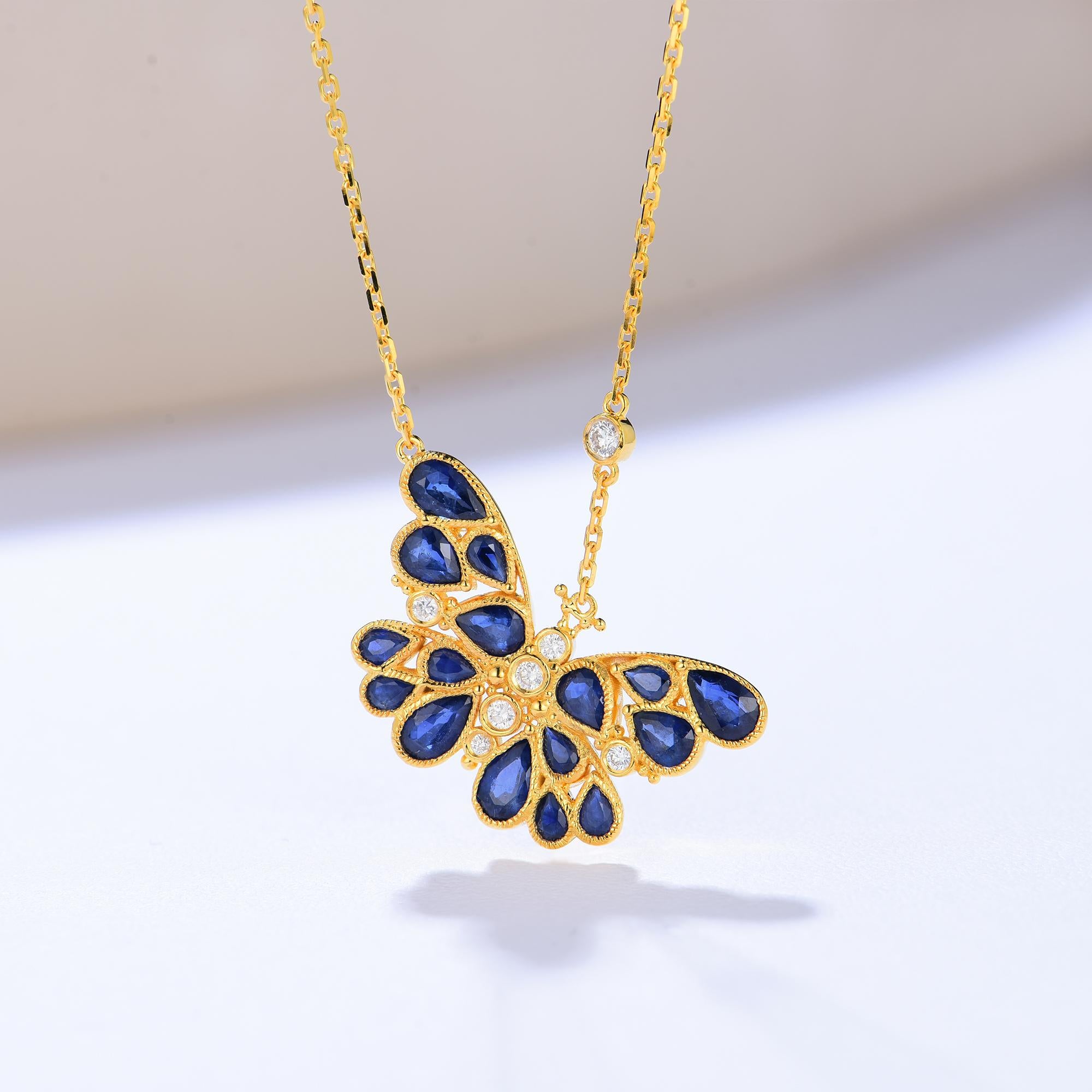 Pear Cut Nina Zhou Sapphire Diamond Butterfly Pendant Necklace For Sale