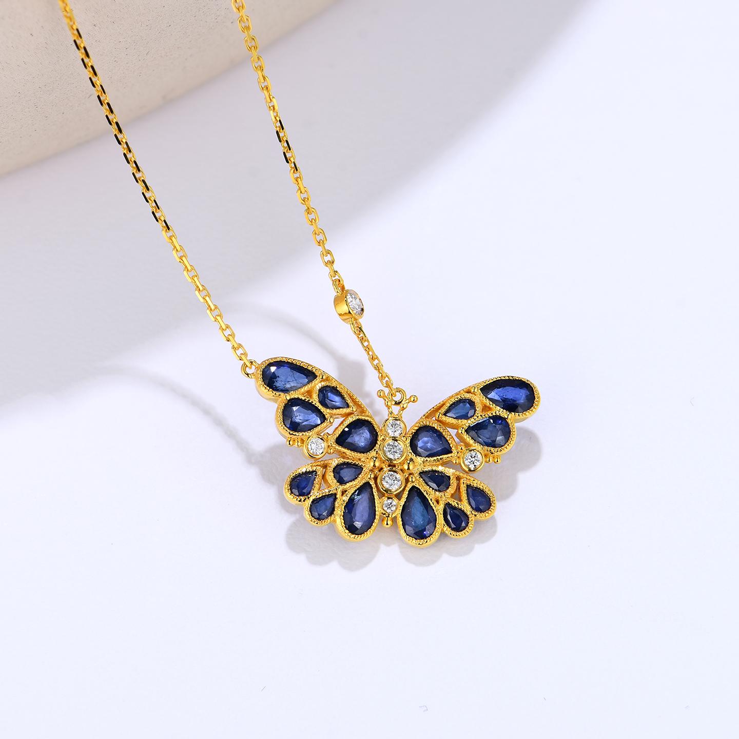 Nina Zhou Sapphire Diamond Butterfly Pendant Necklace For Sale 2