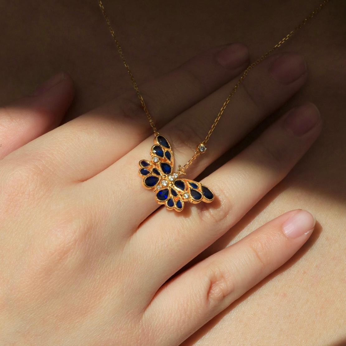 Nina Zhou Sapphire Diamond Butterfly Pendant Necklace For Sale 4
